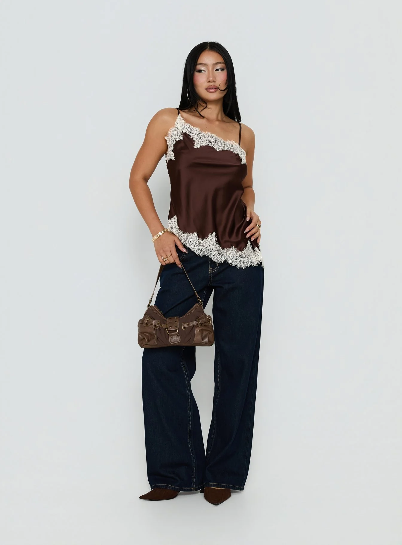 Winta Lace Trim Asymmetrical Satin Top Chocolate
