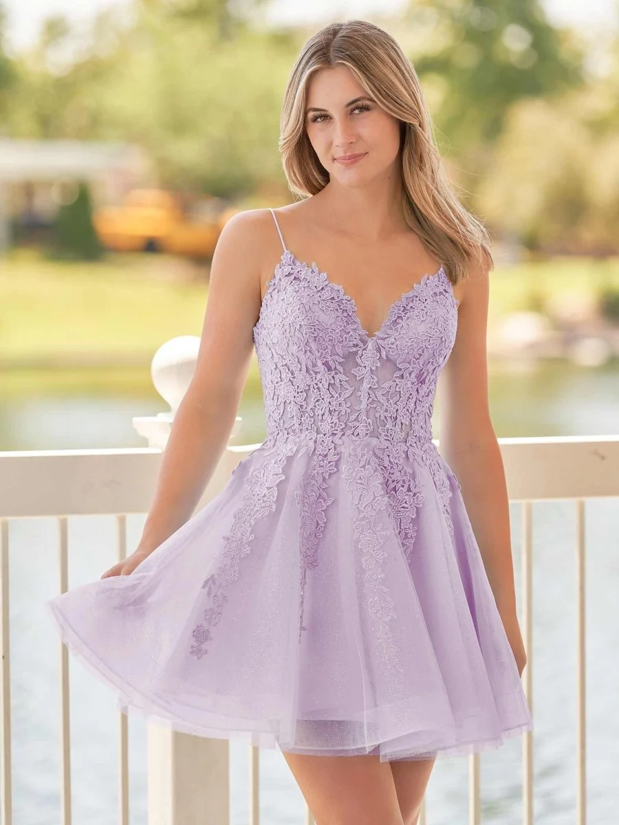A-Line Spaghetti-Straps Sky Blue Lace Homecoming Dress With Appliques