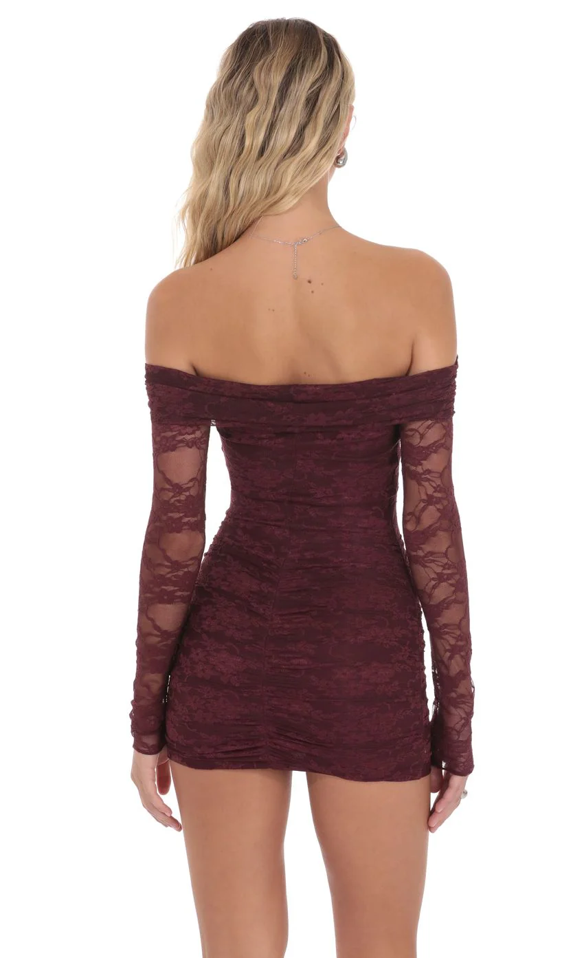 Off Shoulder Long Sleeve Lace Dress in Burgundy - luluinthesky