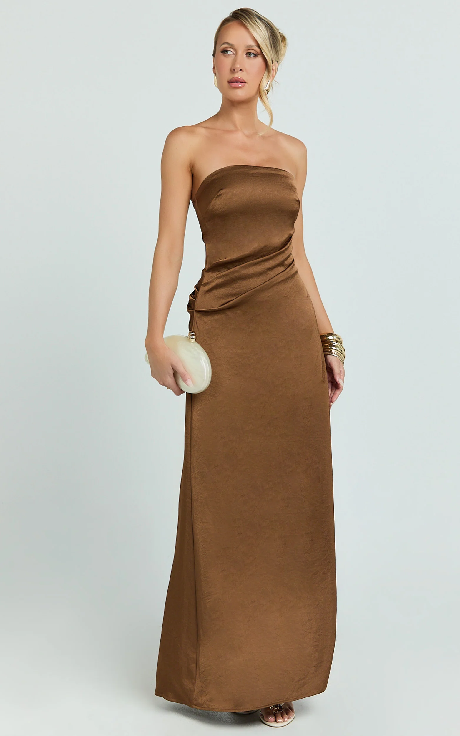 Laurie Maxi Dress - Strapless Draped Satin Dress in Chocolate