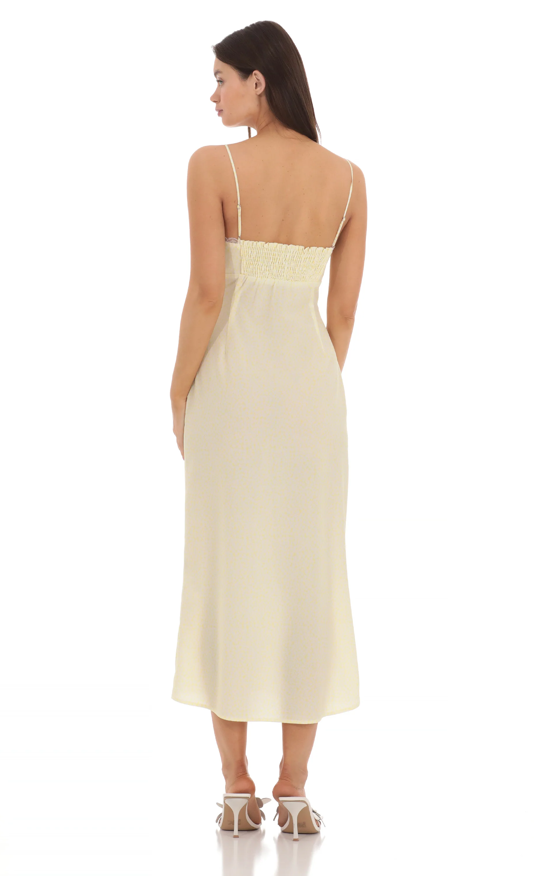 Lace Trim Front Tie Midi Dress in Yellow
