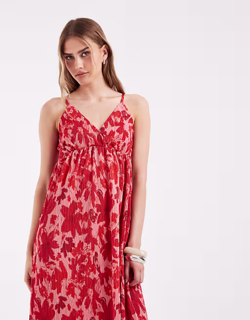 PIECES wrap detail cami plisse maxi dress in pink and red floral print