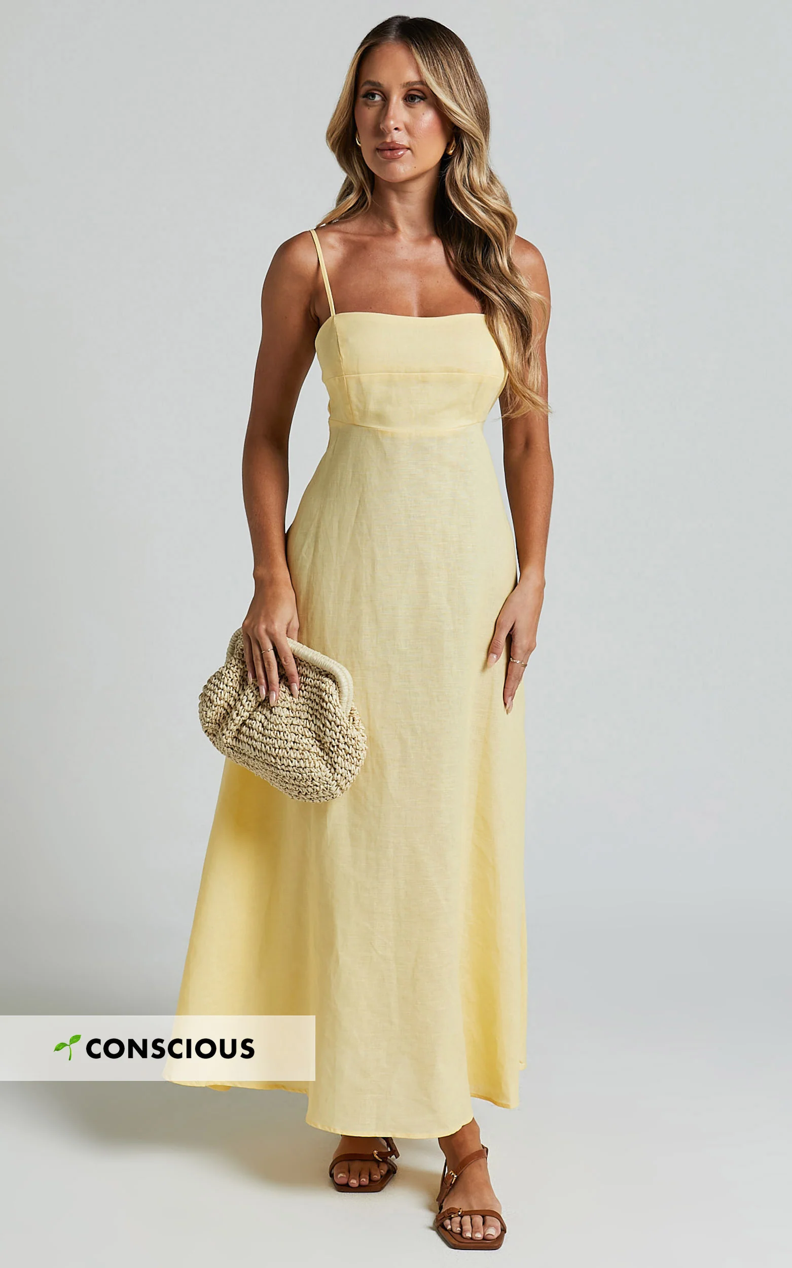 Brette Midi Dress - Linen Straight Neck Strappy Fit And Flare Dress in Lemon