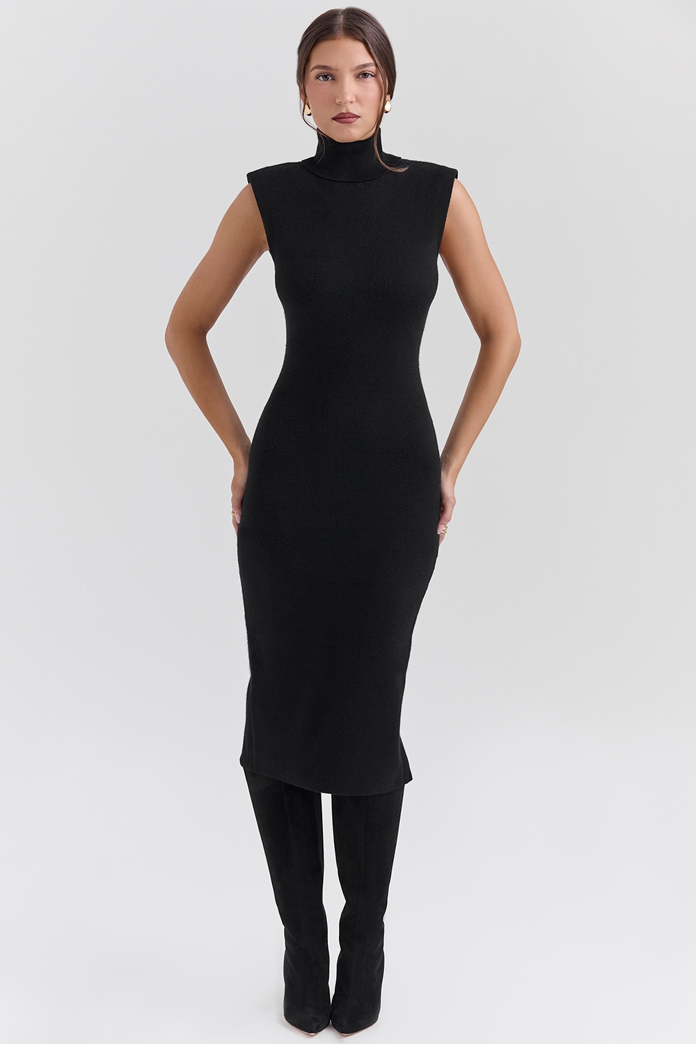 Black Cashmere Blend Turtle Neck Midi Dress