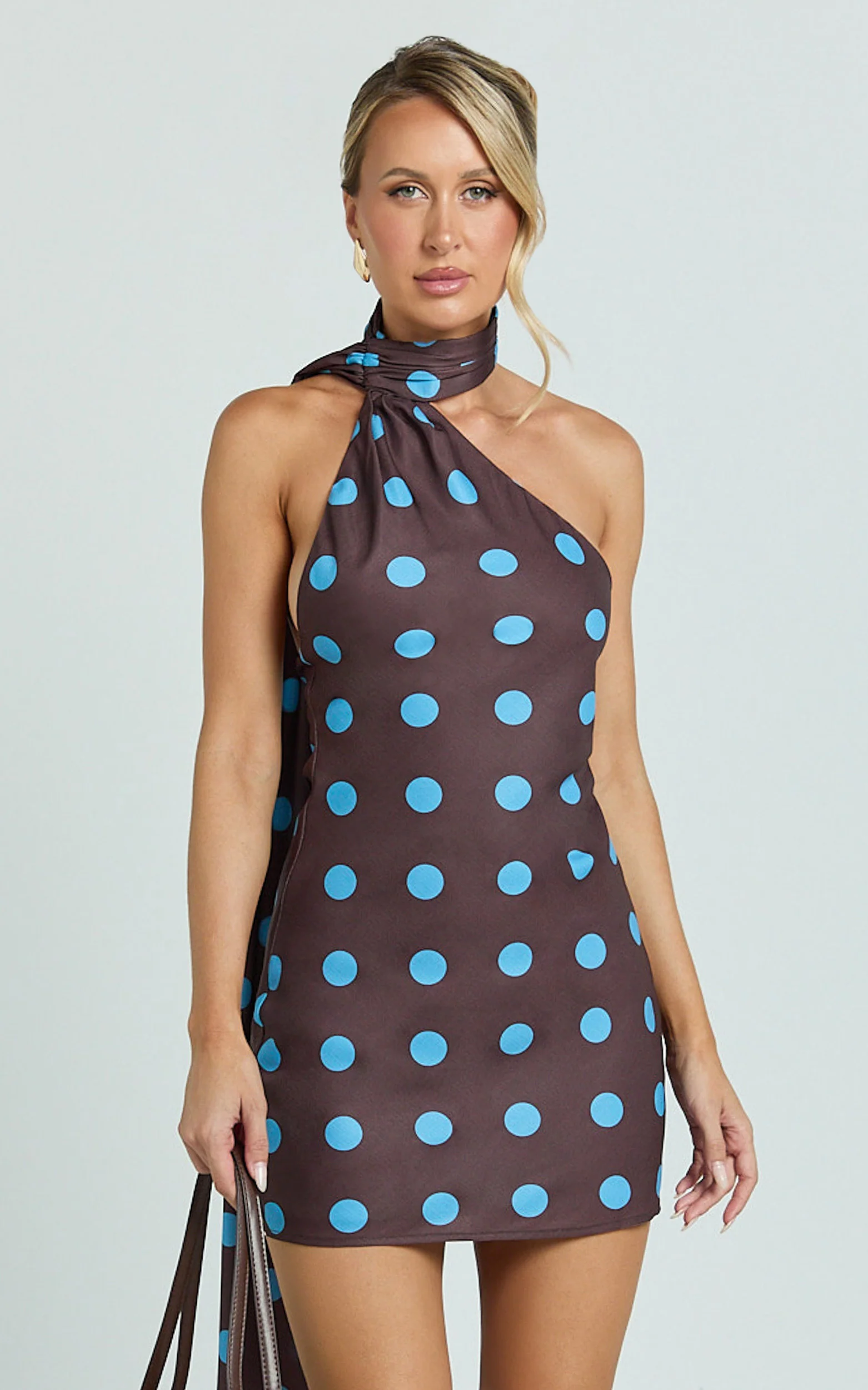 Maddox Mini Dress - Scarf Neck Low Tie Back Slip Dress in Polka Dot Print