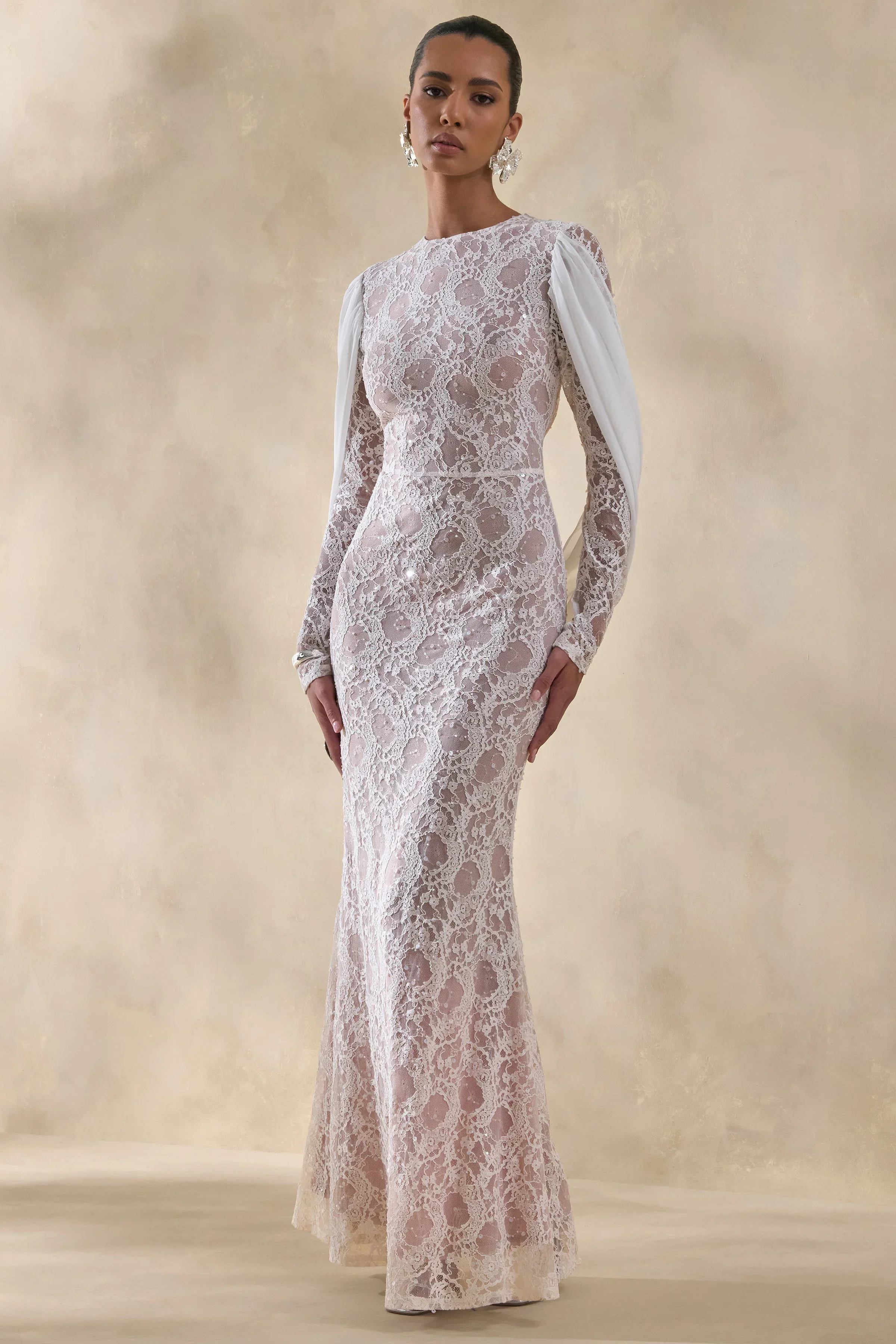 Nabina | White Lace Crew-Neck Maxi Dress With Draped Back-Detail