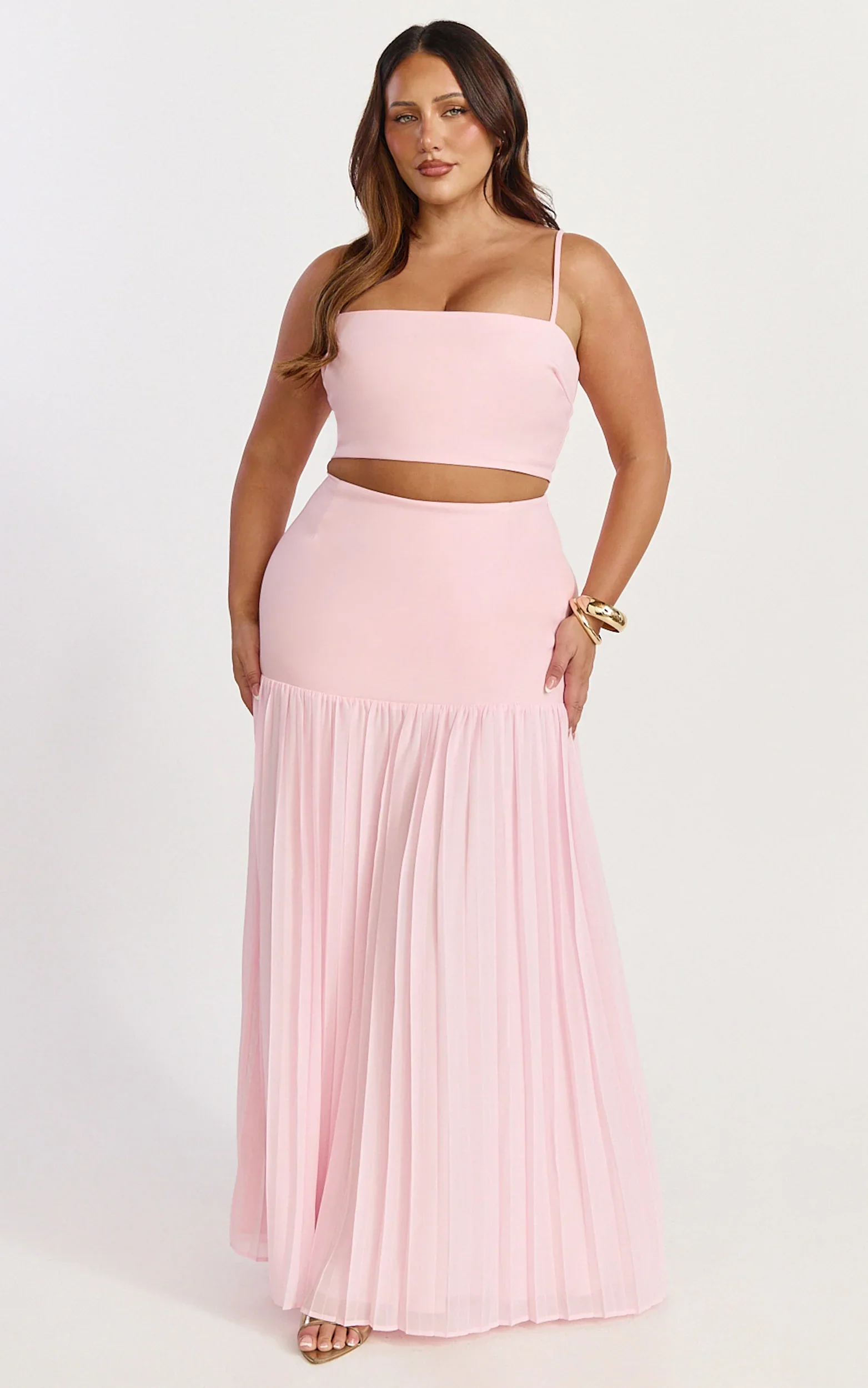 Rowan Two Piece Top and Skirt Set - Square Neck Crop Top and High Waist Pleated Maxi Skirt Set in Pink