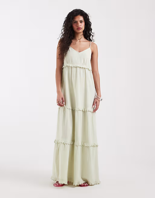 Vero Moda tiered cotton cami maxi dress with scallop edge detailing in pale green