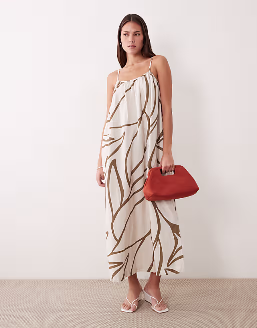 Vila linen touch cami maxi dress in brown floral print
