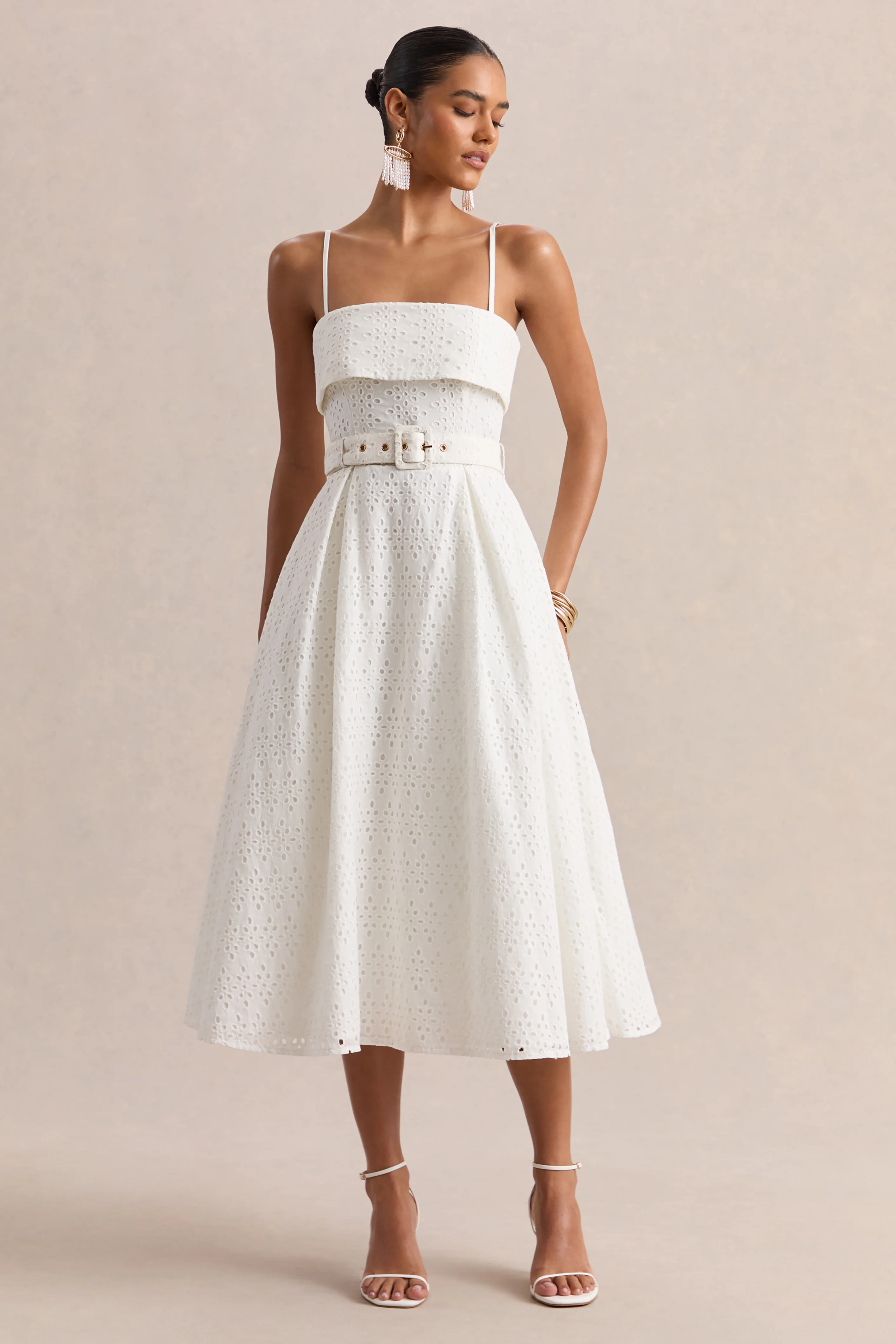 Zoeva | Cream Broderie Square-Neck Belted Midi Dress