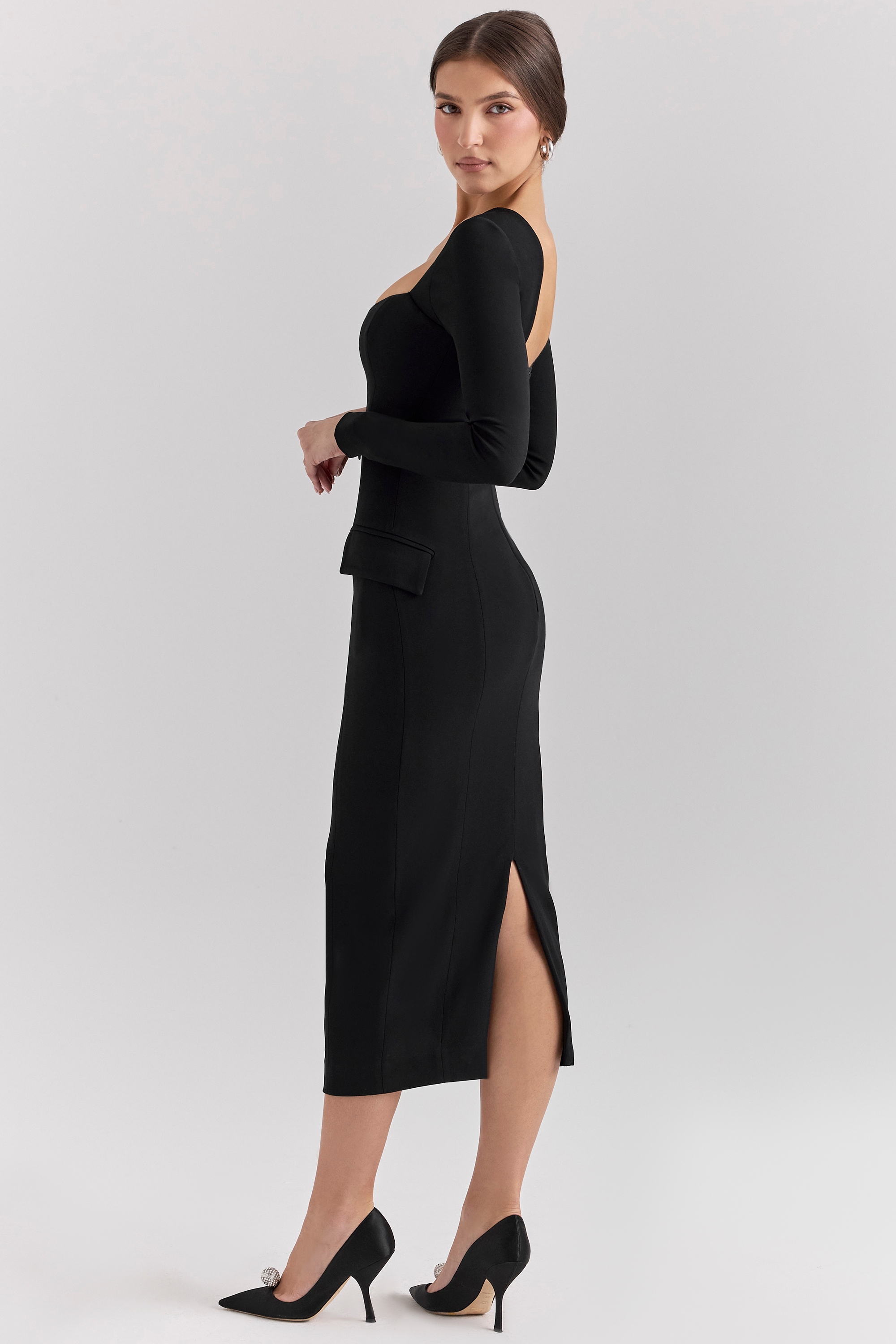 Black Stretch Crepe Long Sleeve Midi Dress
