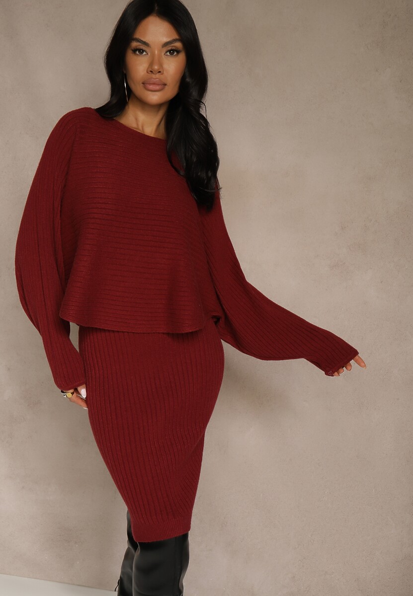 Czarny Prążkowany Komplet z Dzianiny Sukienka Bodycon i Sweter Nietoperz Wediana