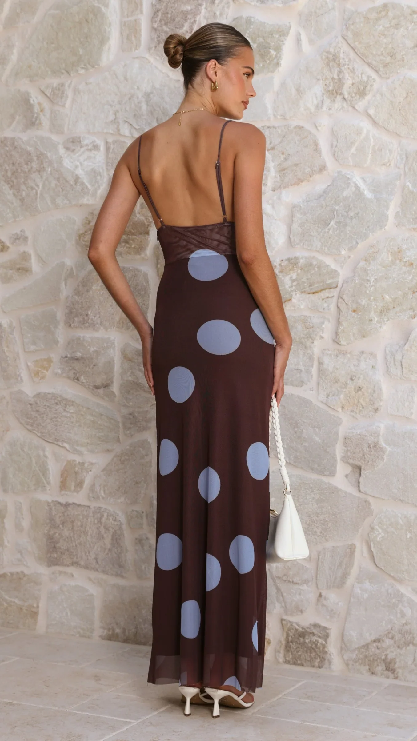 Loralei Mesh Maxi Dress - Brown / Blue Polka Dot