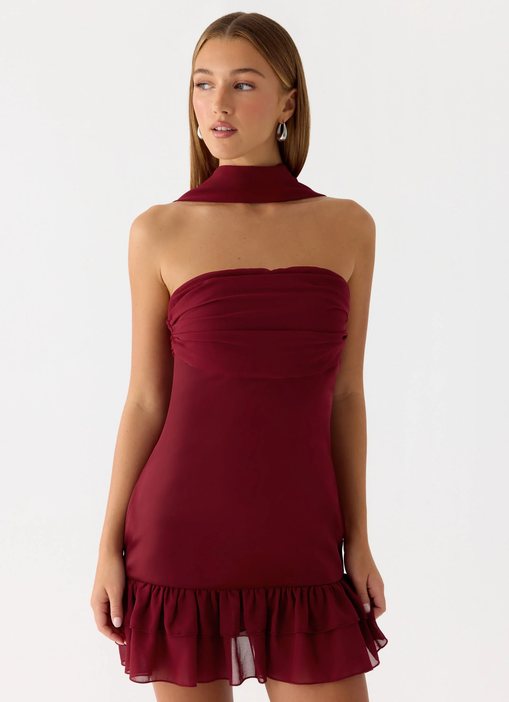 Manon Scarf Mini Dress - Deep Red - luluinthesky