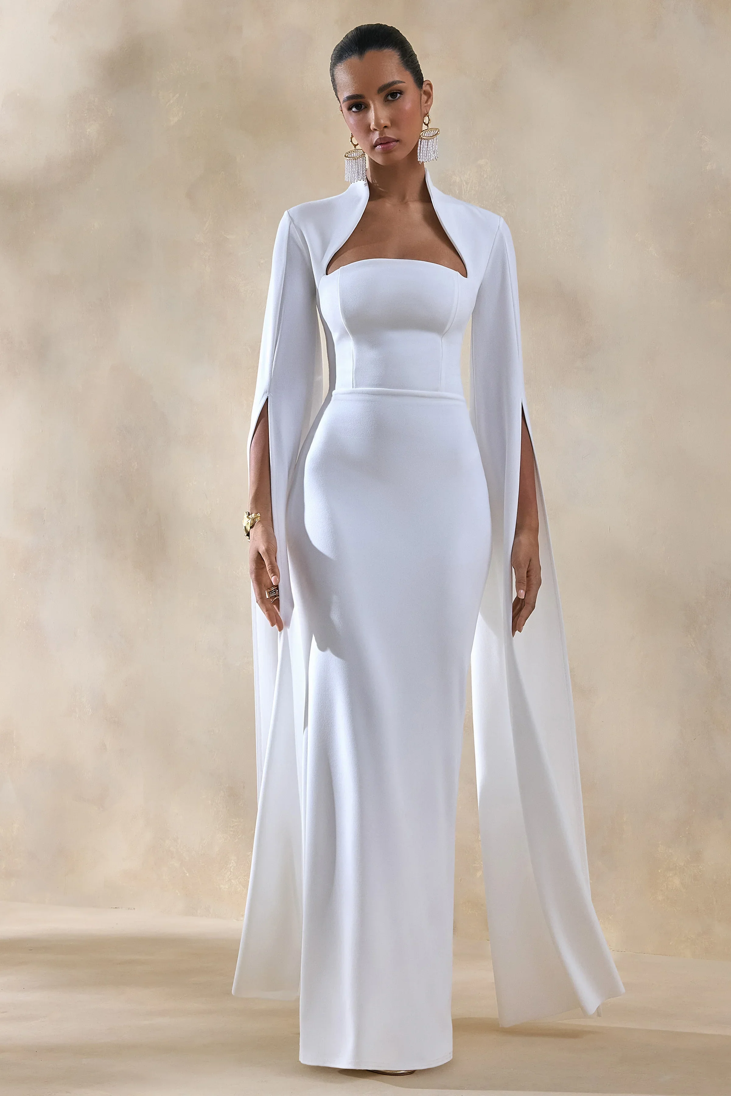 Esme | White Square-Neck Maxi Dress With Cape Sleeves