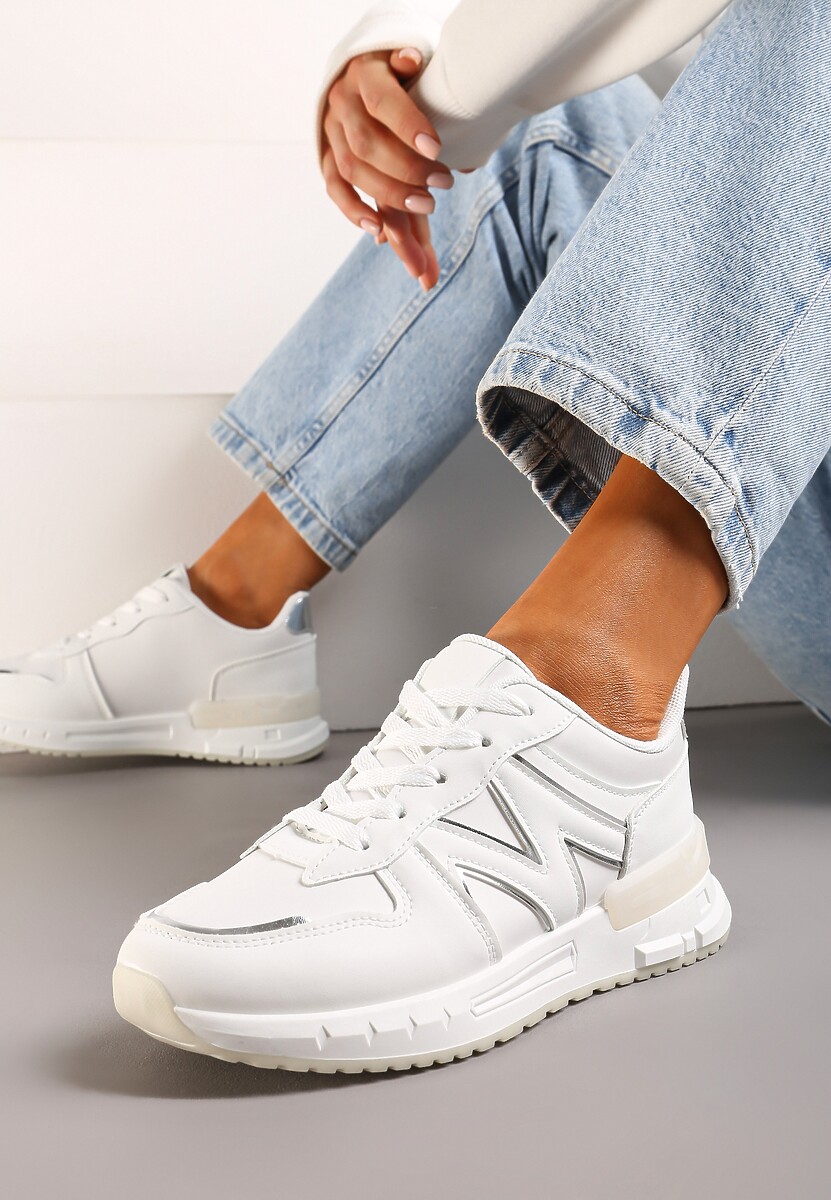 Beżowe Płaskie Sneakersy ze Sznurowaniem z Metalicznymi Wstawkami Remarie