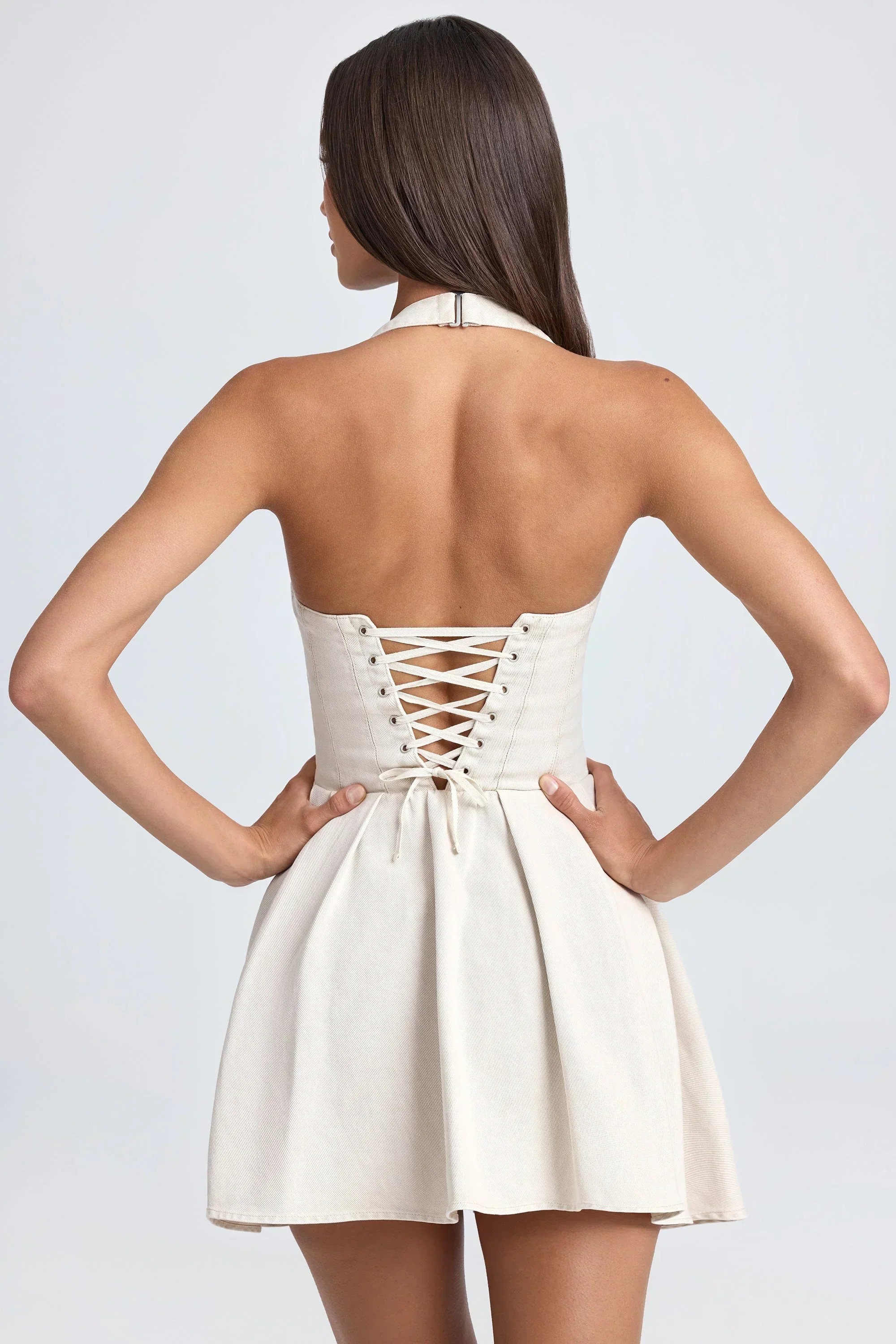 Halterneck Corset Micro Mini Dress In Ecru