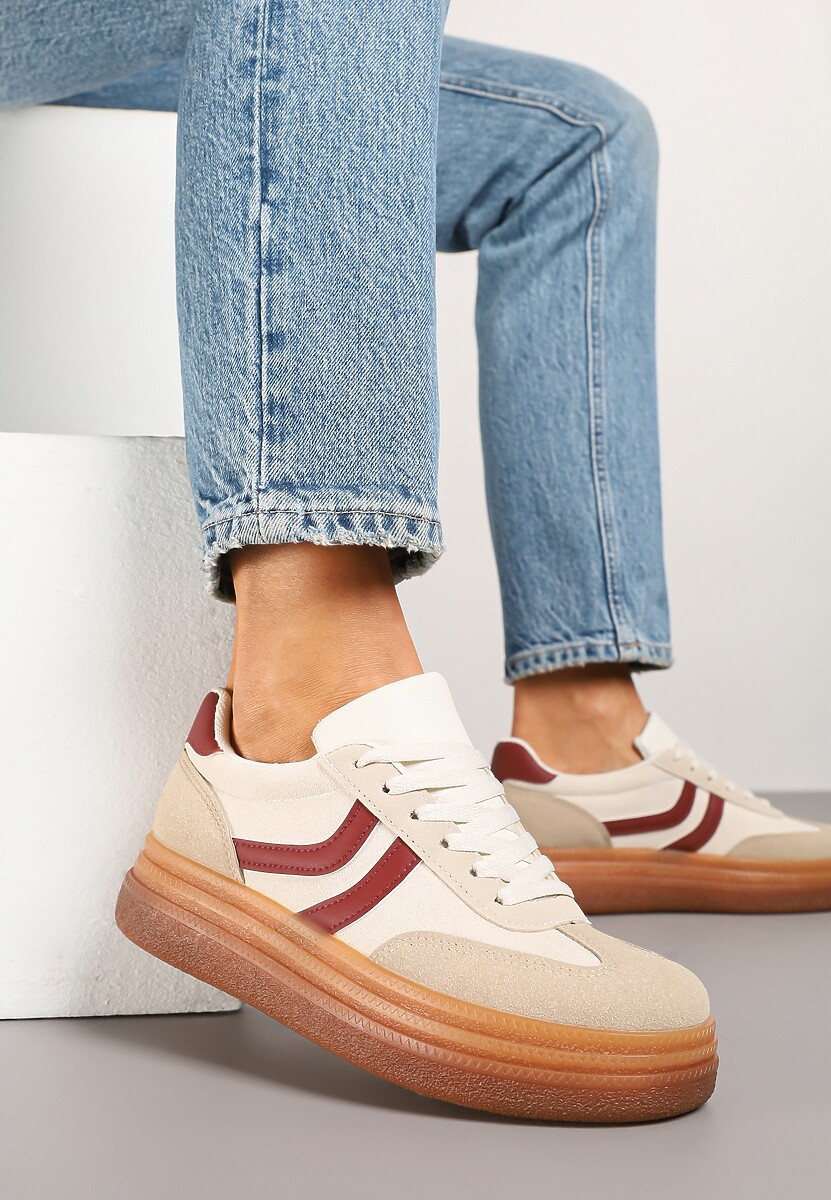 Beżowo-Bordowe Sneakersy Typu Kultowe Tenisówki na Niskiej Platformie Olritia