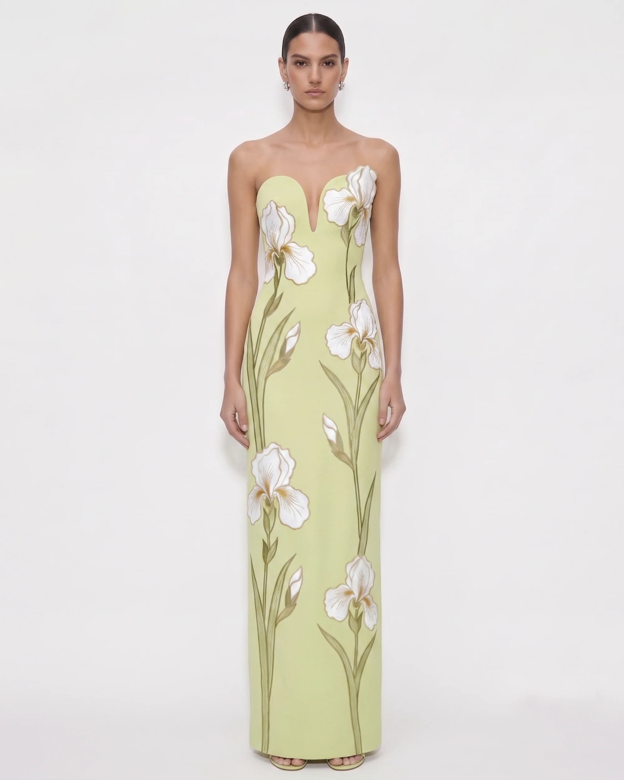 Iris EmbroideredNotch Neck Strapless Maxi Dress - Light Green