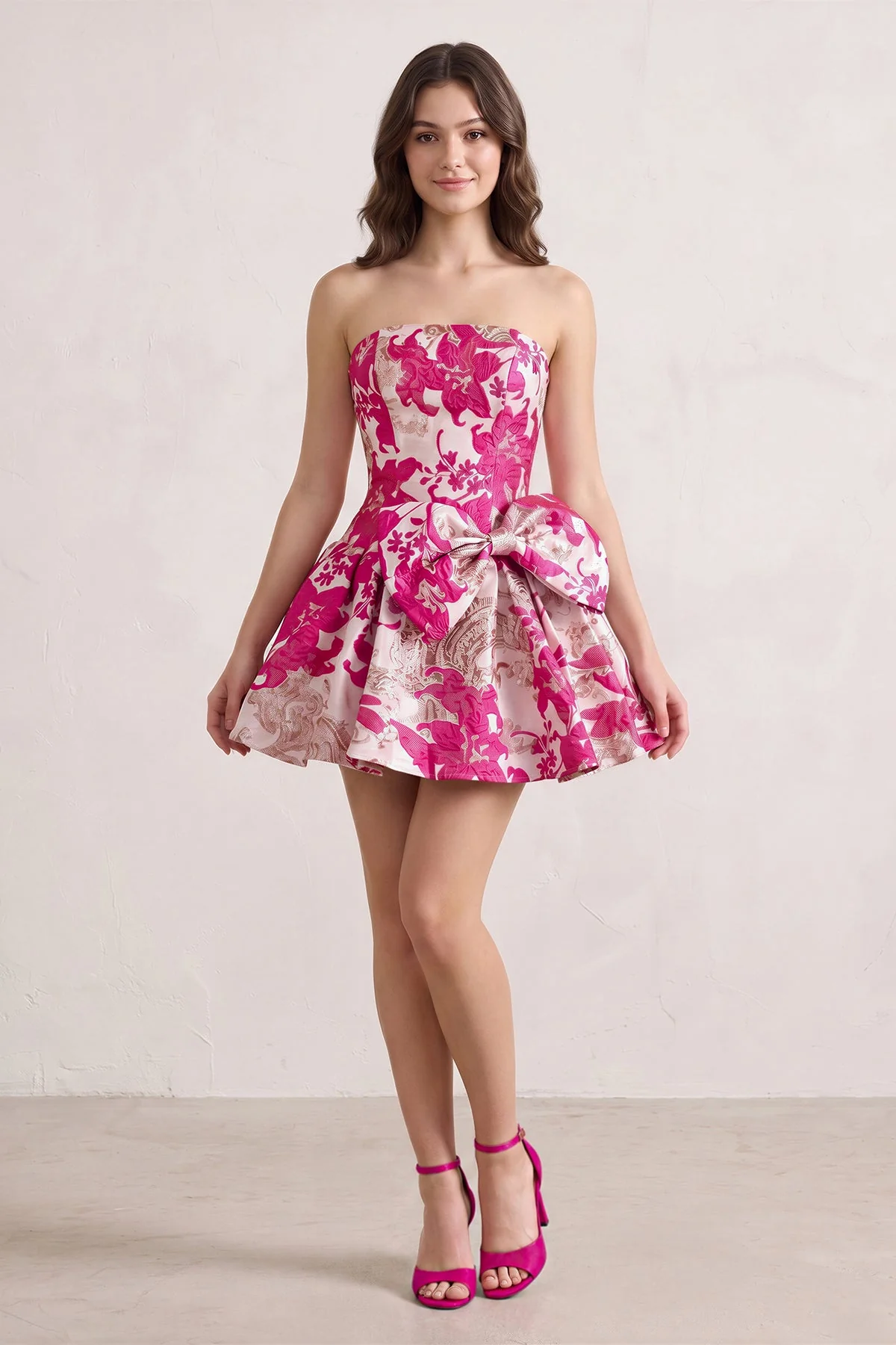 Fuchsia Strapless Jacquard A-Line Homecoming Dress with Bowknot