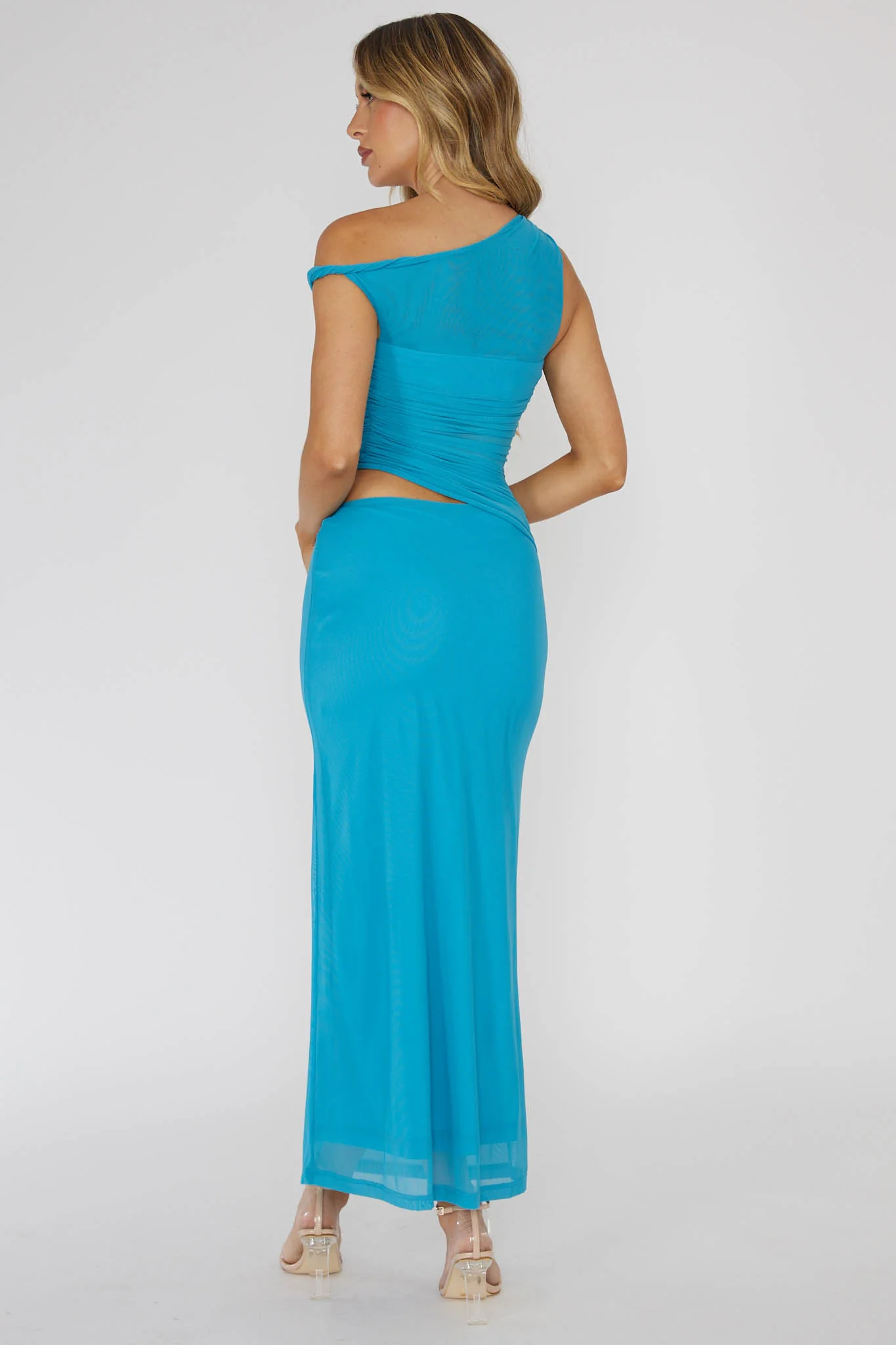 Lorely Ruched Bodice Twist Strap Midi Dress Ocean