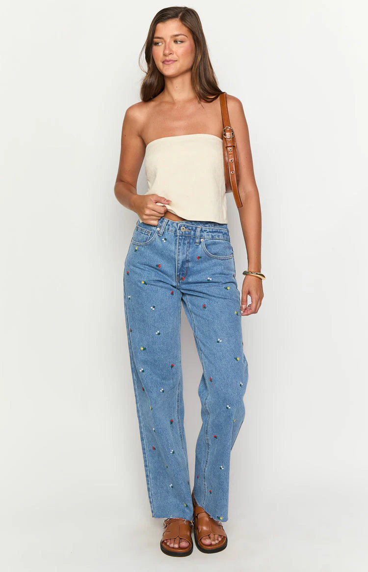 Kansis Blue Embroidered Uneven Waist Jeans