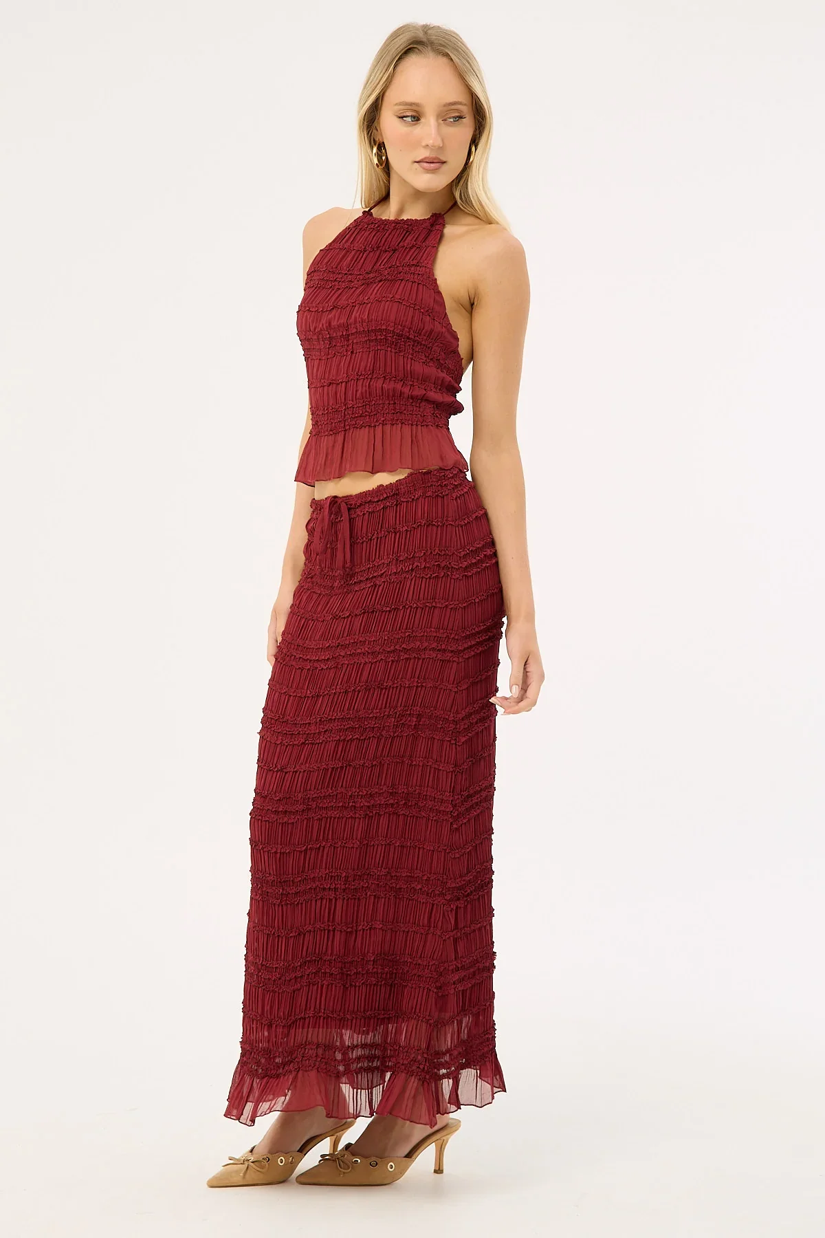 Luck & Trouble Marisole Gathered Maxi Skirt Burgundy