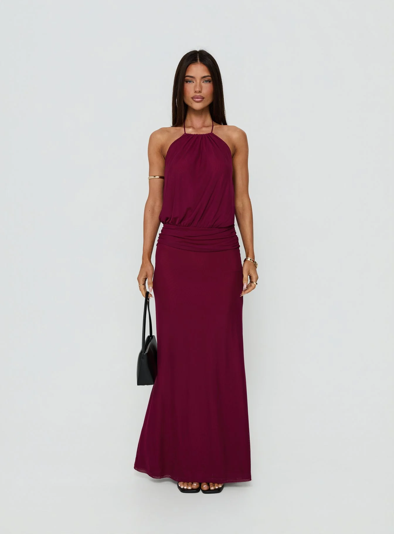 Casperina Ruched Halter Maxi Dress Berry - FASHION NOB