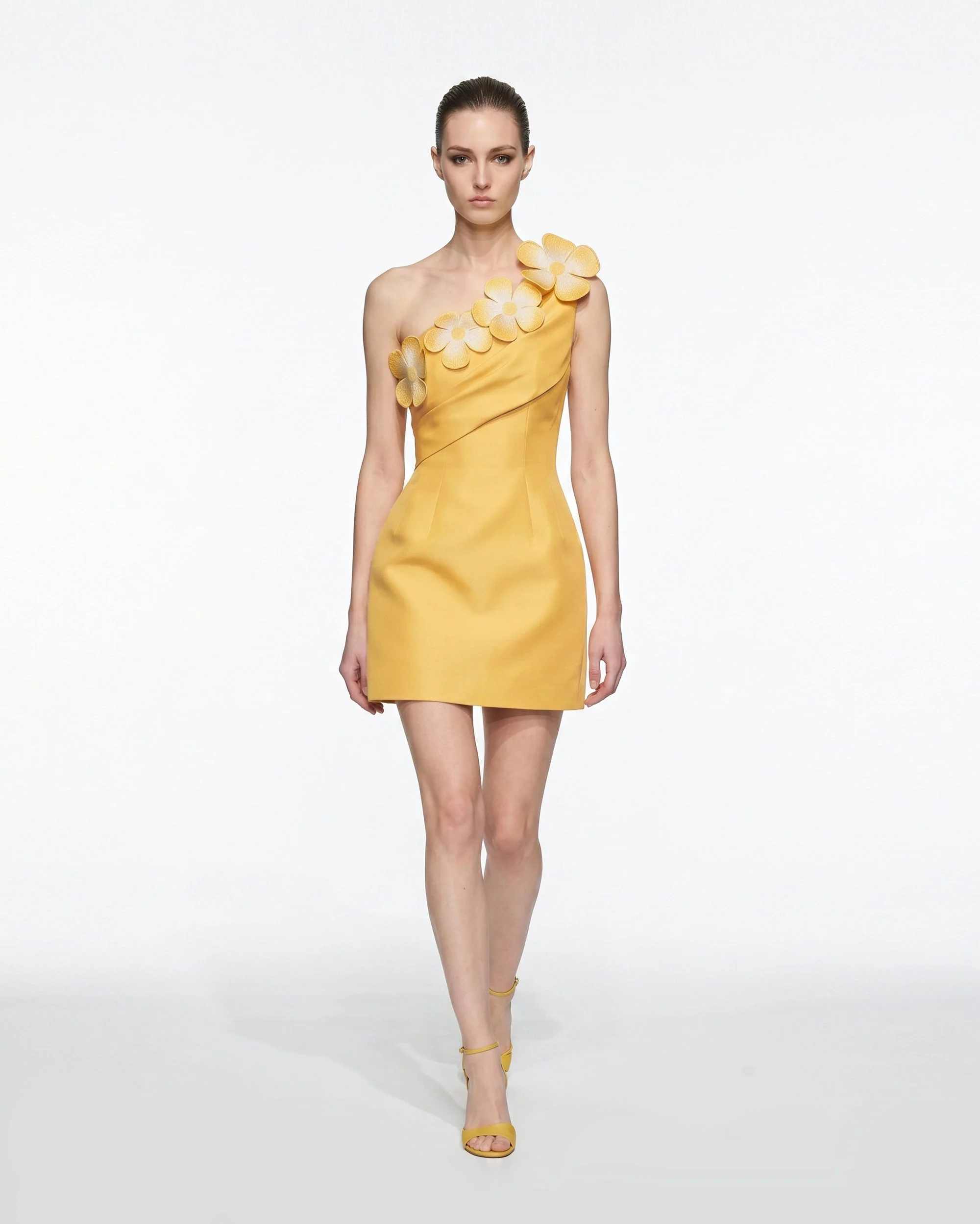 Floral Appliqué One Shoulder Mini Dress - Yellow