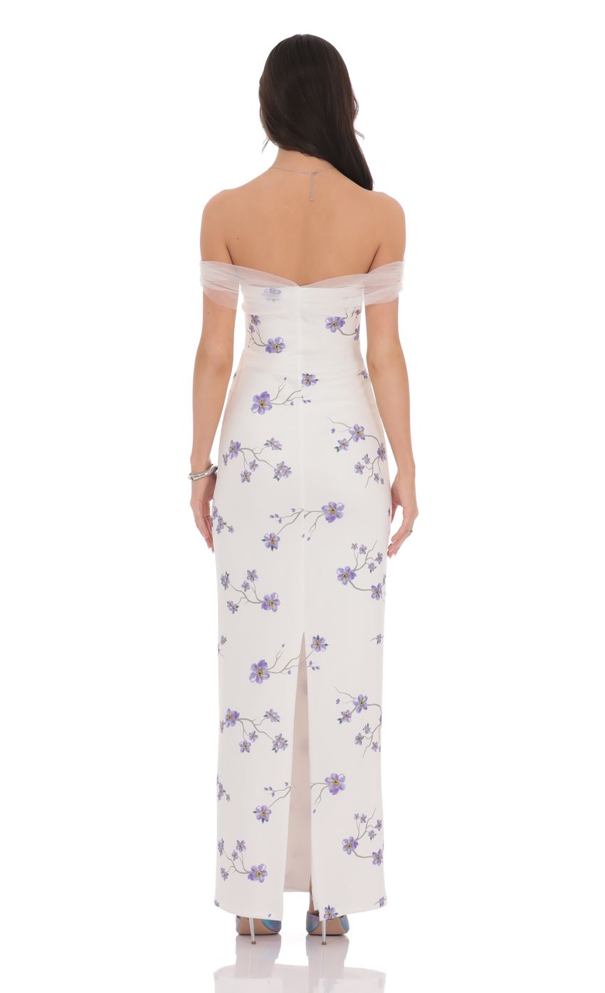 Tulle Off Shoulder Floral Maxi Dress in White