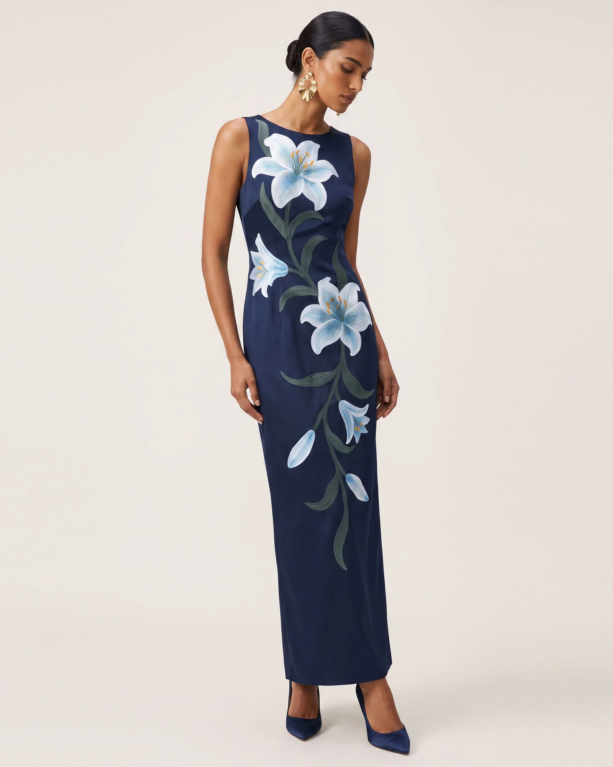 Lily Floral Print Sleeveless Column Maxi Dress - Dark Blue