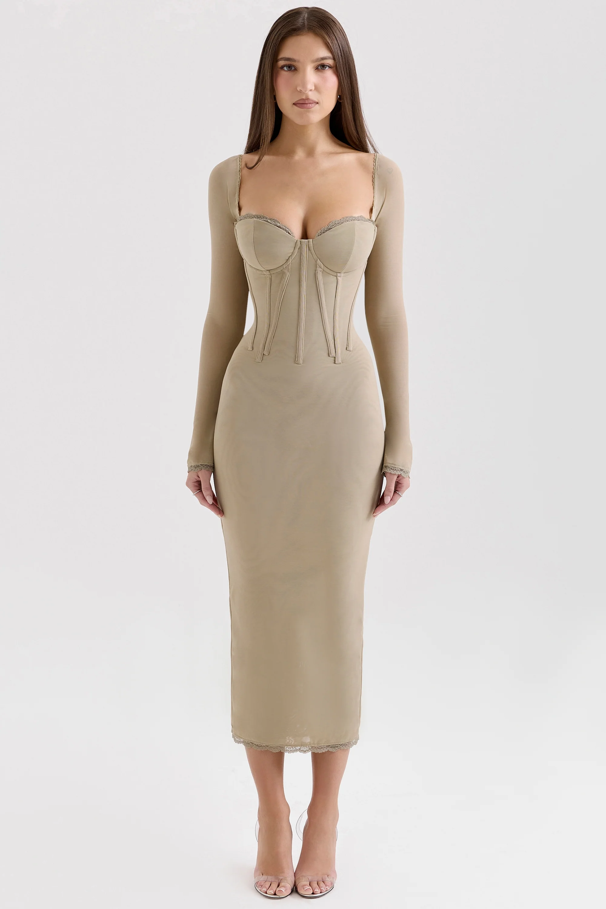 beige mesh long sleeve bodycon midi dress