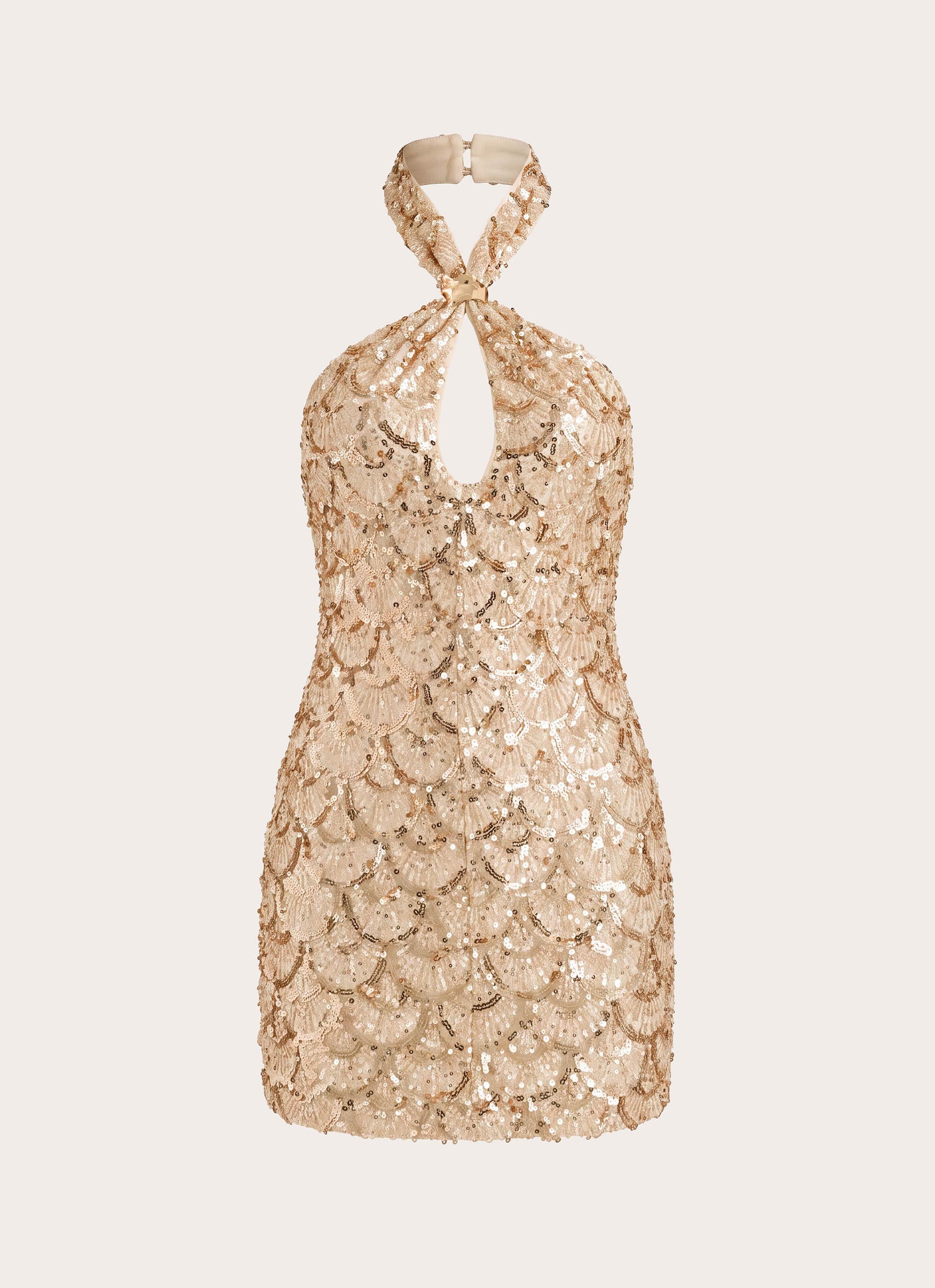 Deline Embellished Halter Mini Dress - Gold - FASHION NOB