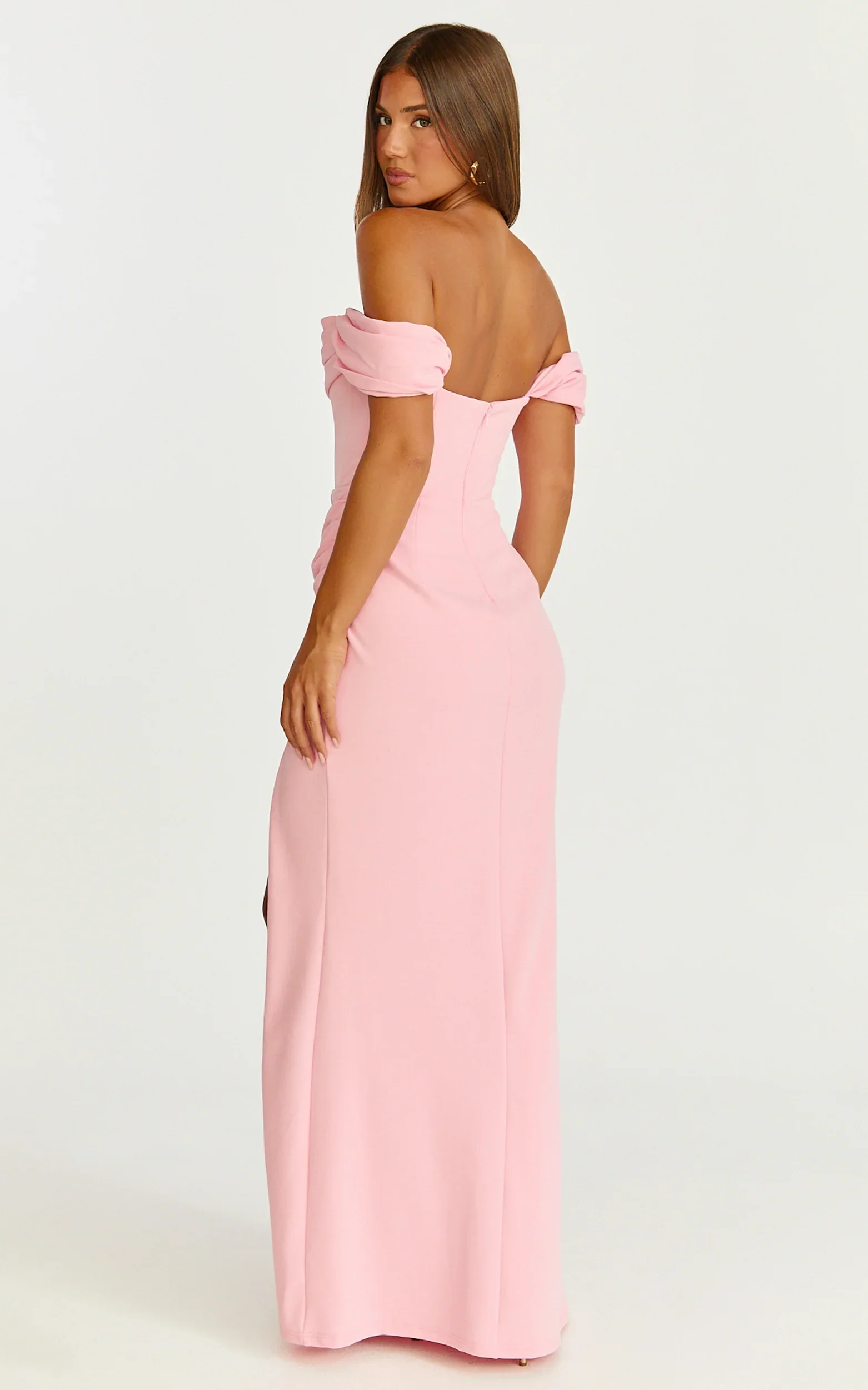 Marcel Maxi Dress - Off Shoulder Corset High Split Dress in Pink