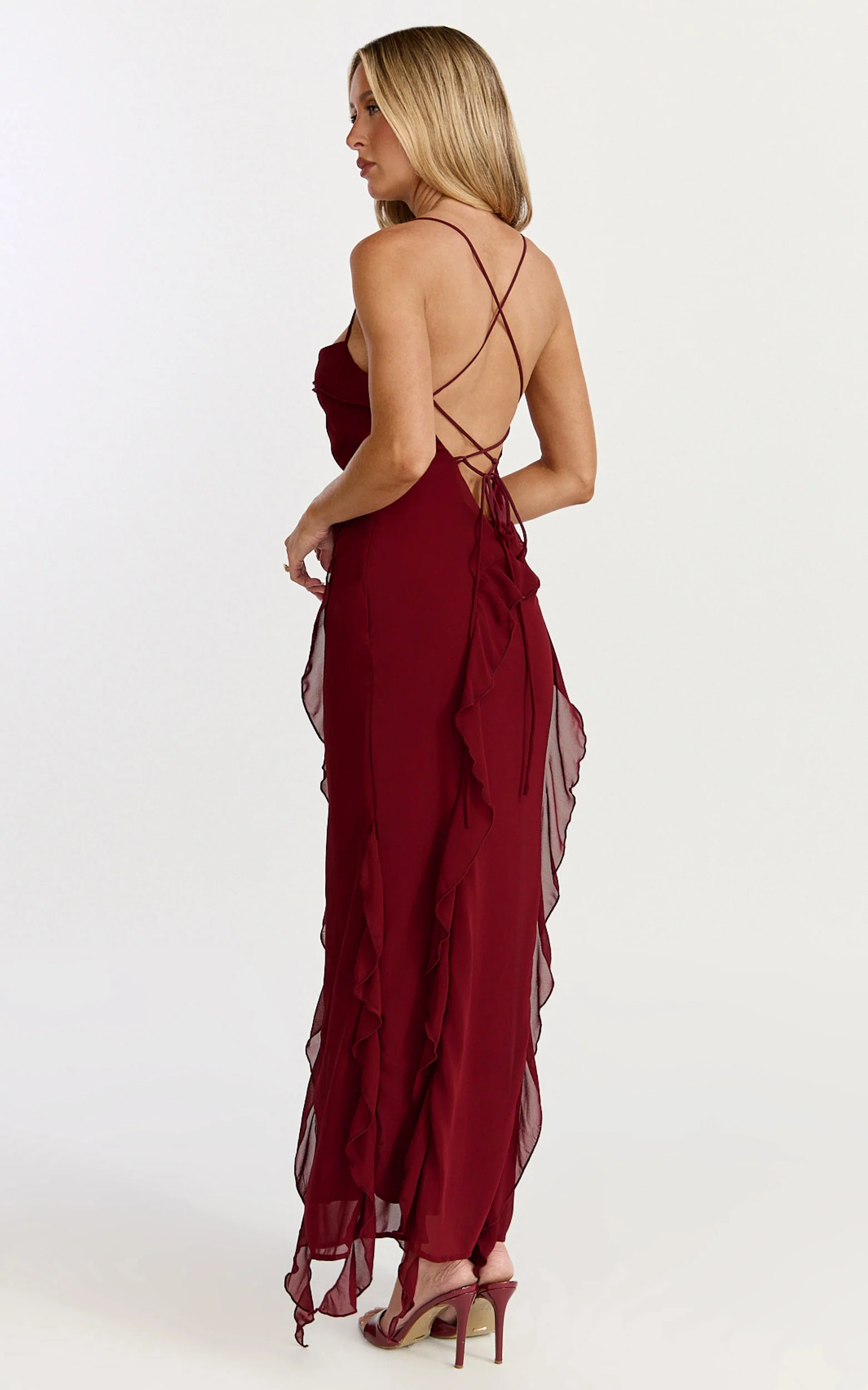 Connie Midi Dress - Ruffle Detail Dress in Wine