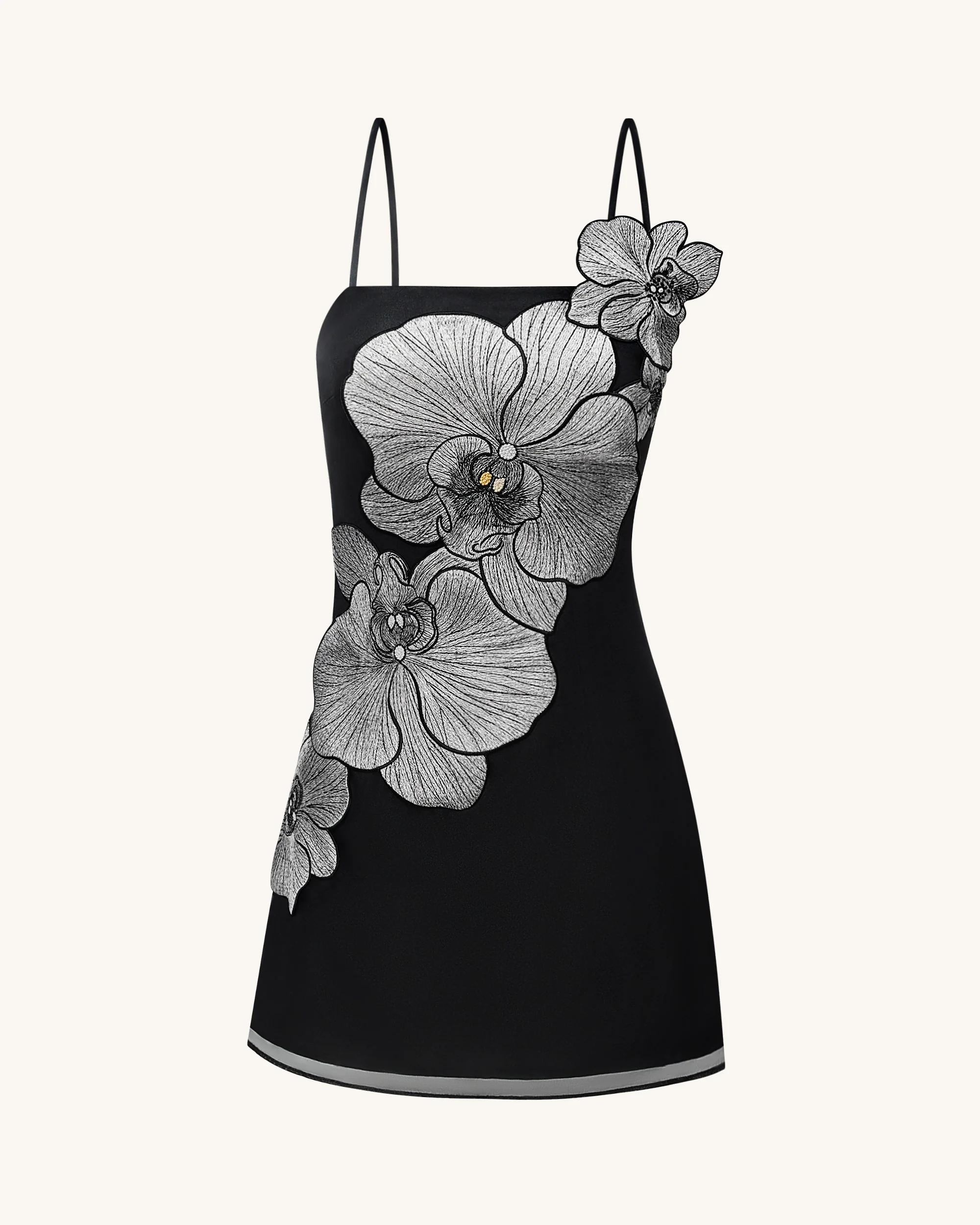 Orchid Appliqué Mini Dress - Black/Silver - FASHION NOB