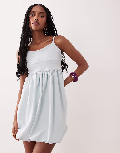 cami mini bubble dress with open back in light blue