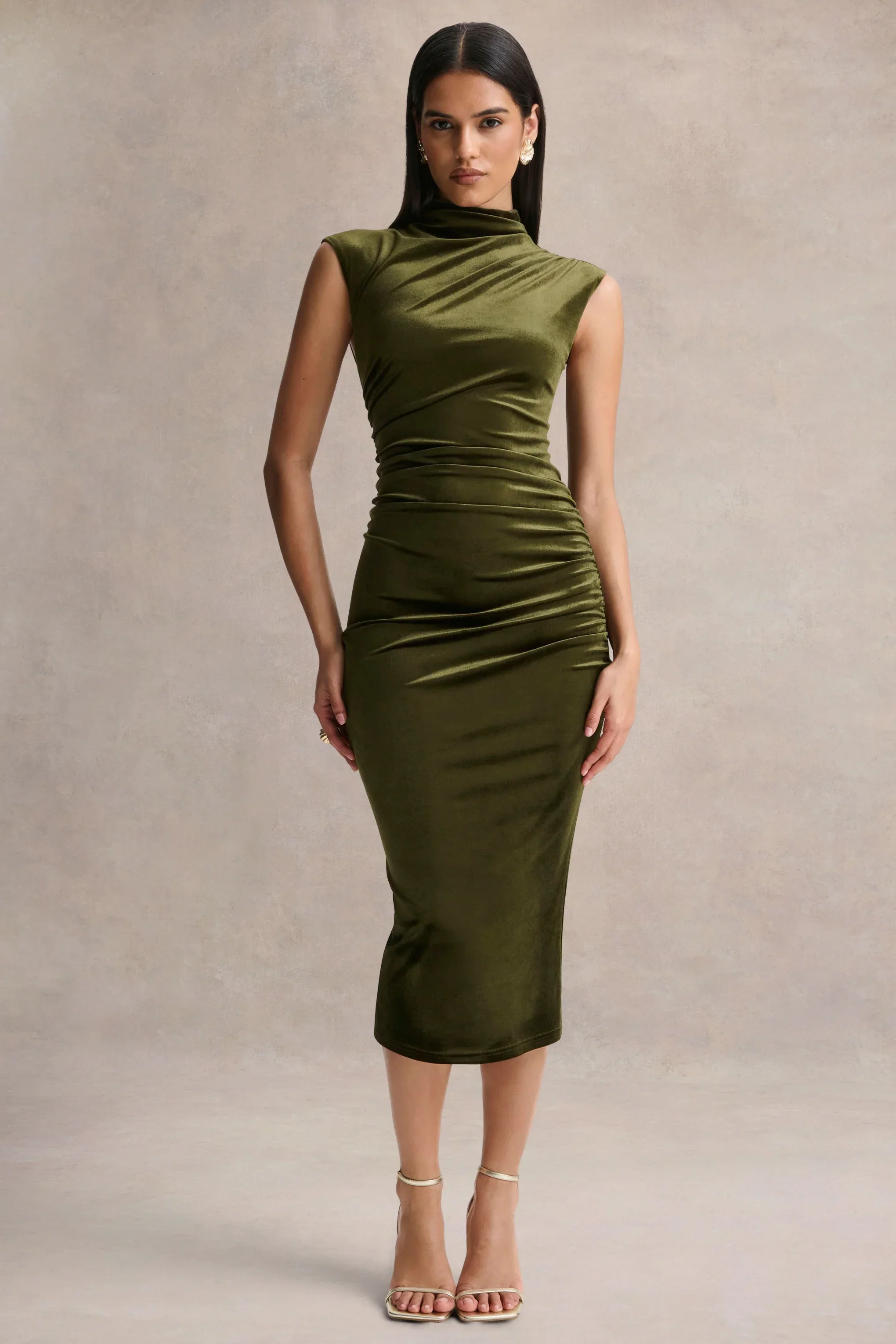 Novine | Olive Velvet High-Neck Midi Dress