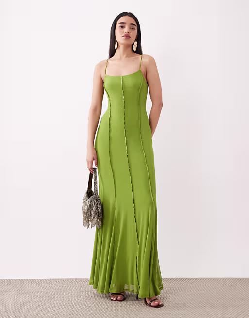 mesh cami seam detail maxi dress in green