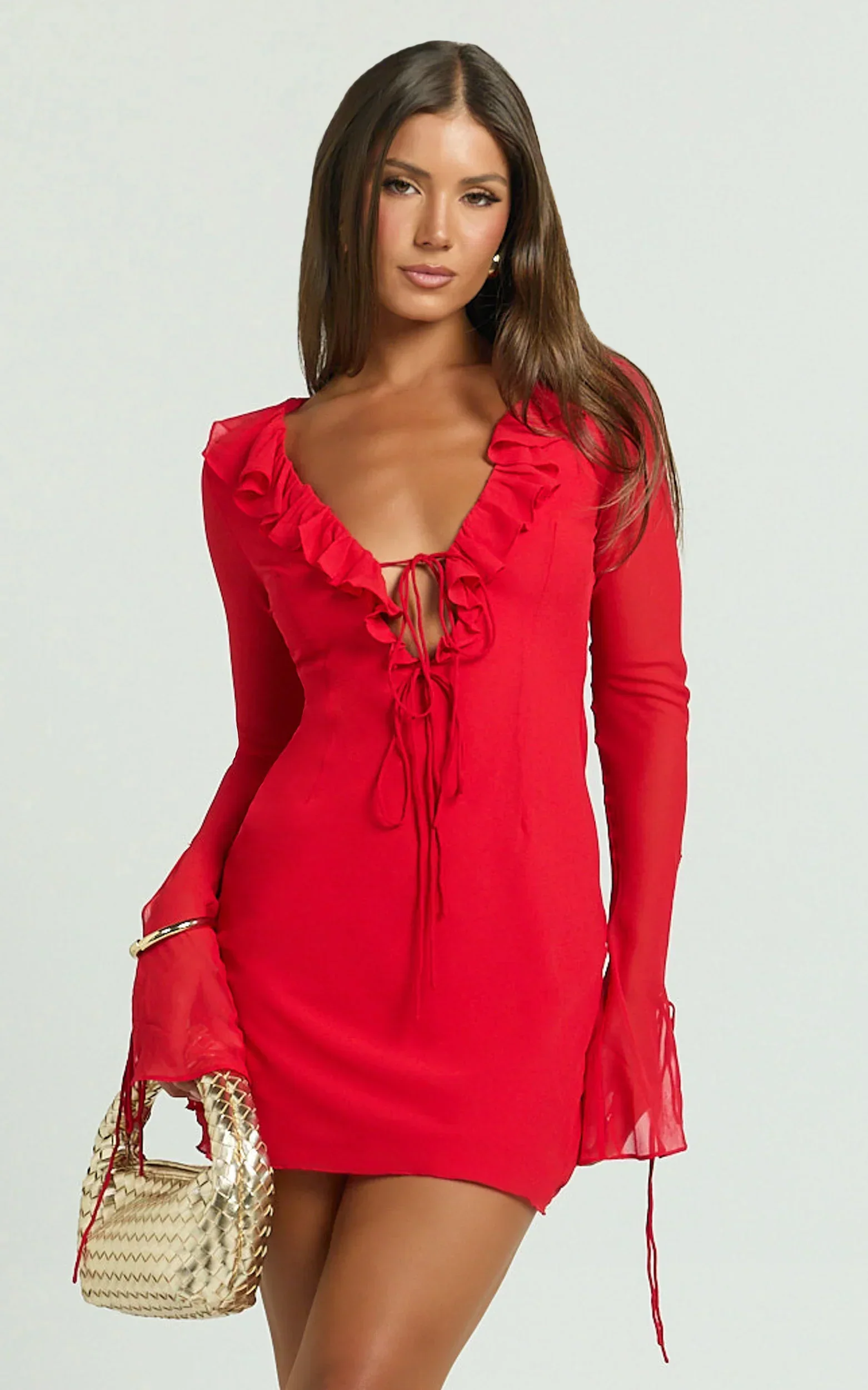 Alesya Mini Dress Ruffle Plunge Neck Long Sleeve Tie Detail Dress in Red