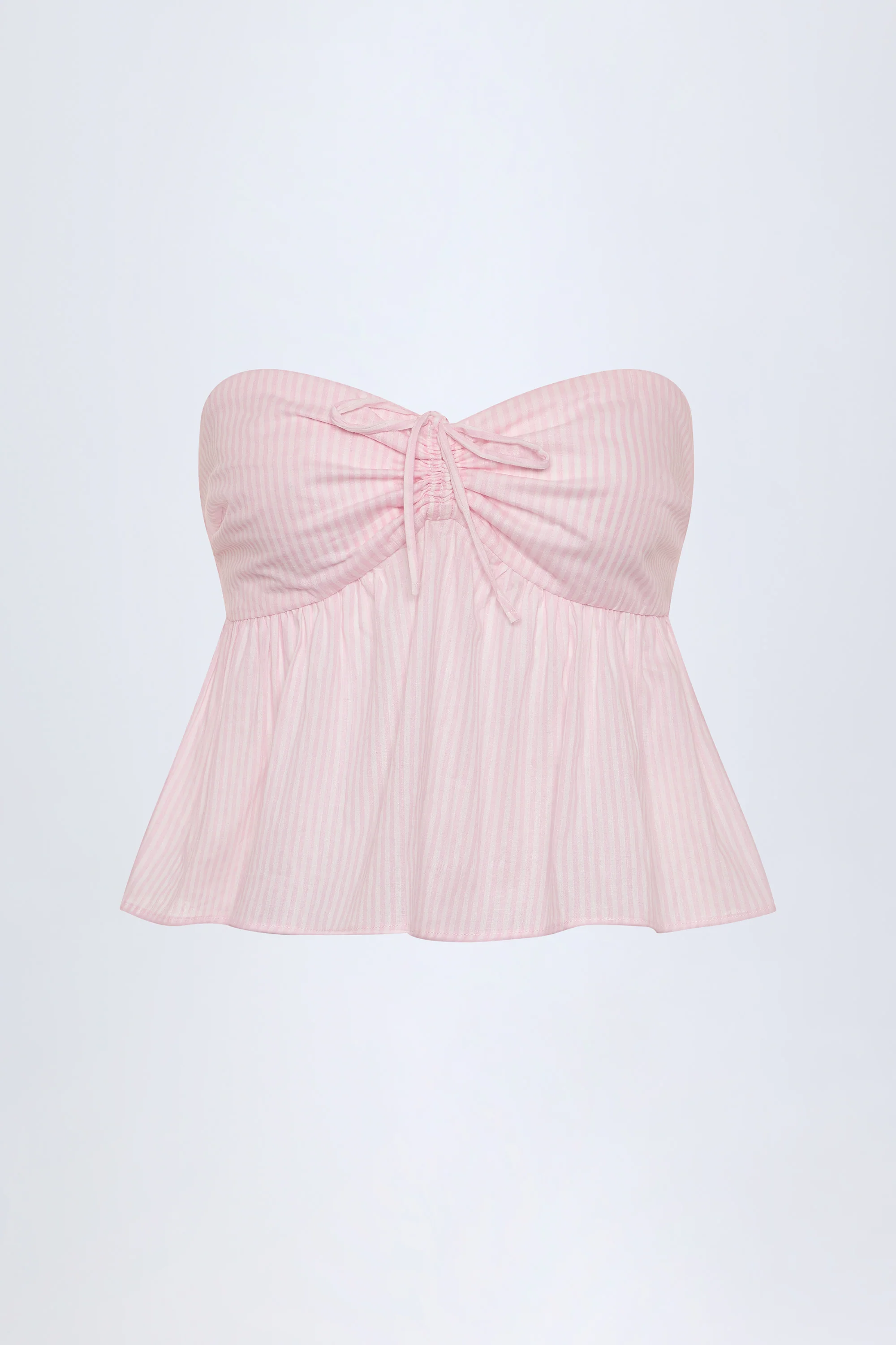 Tie-Front Strapless Cotton-Poplin Crop Top in Pink White Stripe