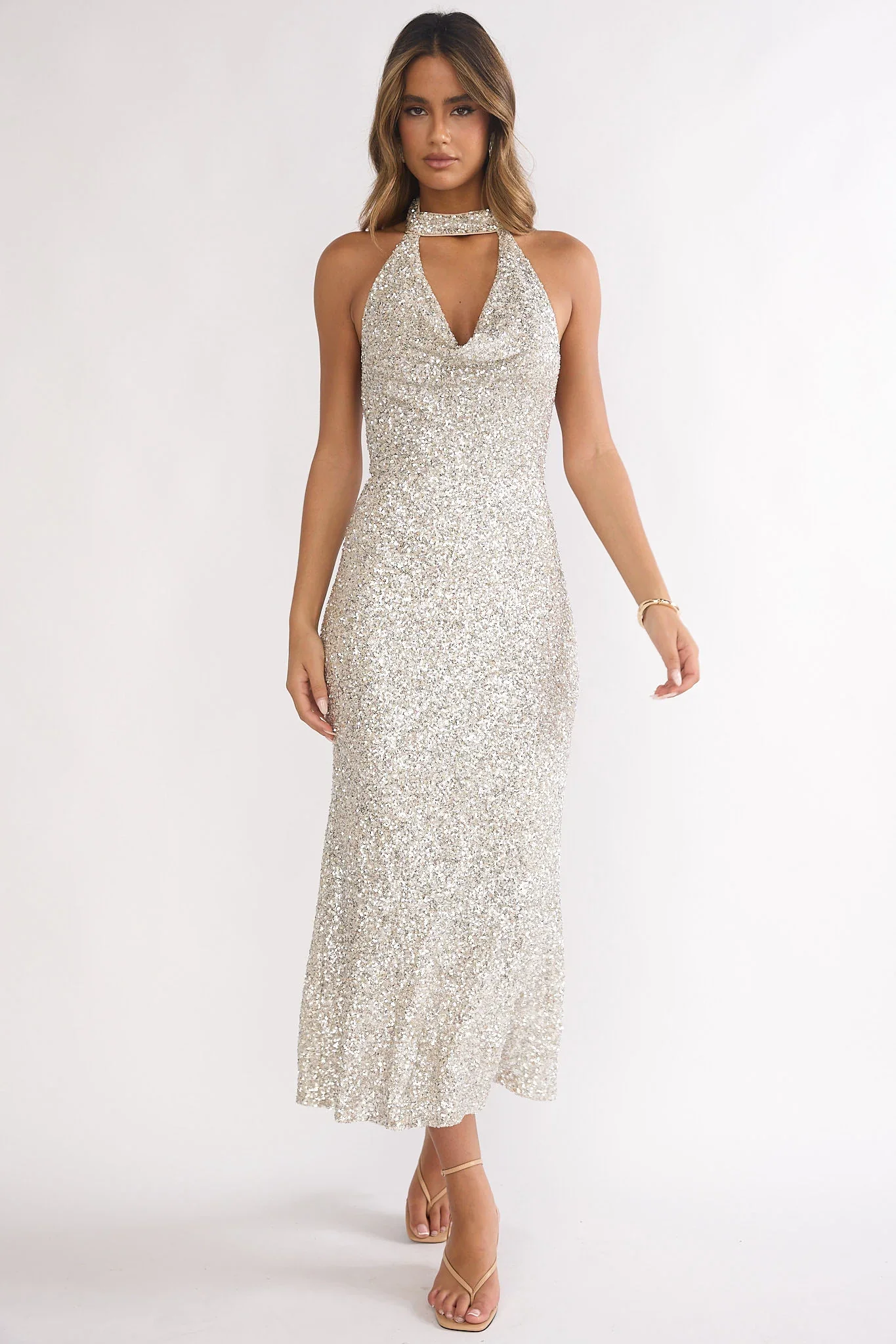 Sky Of Diamonds Backless Midi Dress Sequin Silver