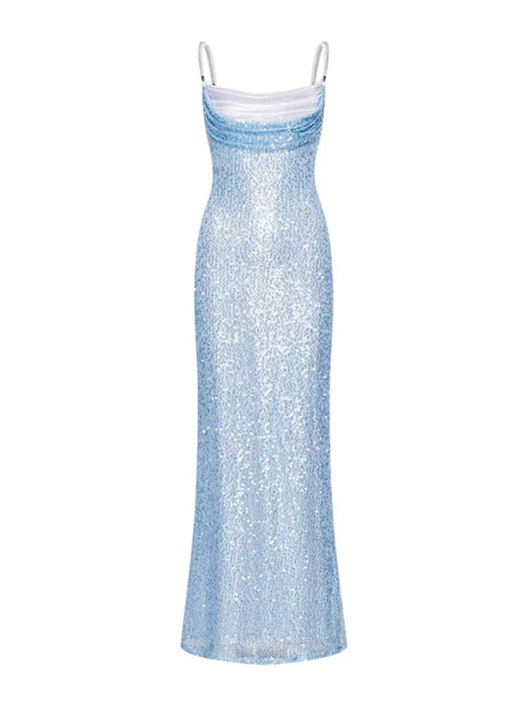 Sequin Draped Neck Slim-Fit Gown