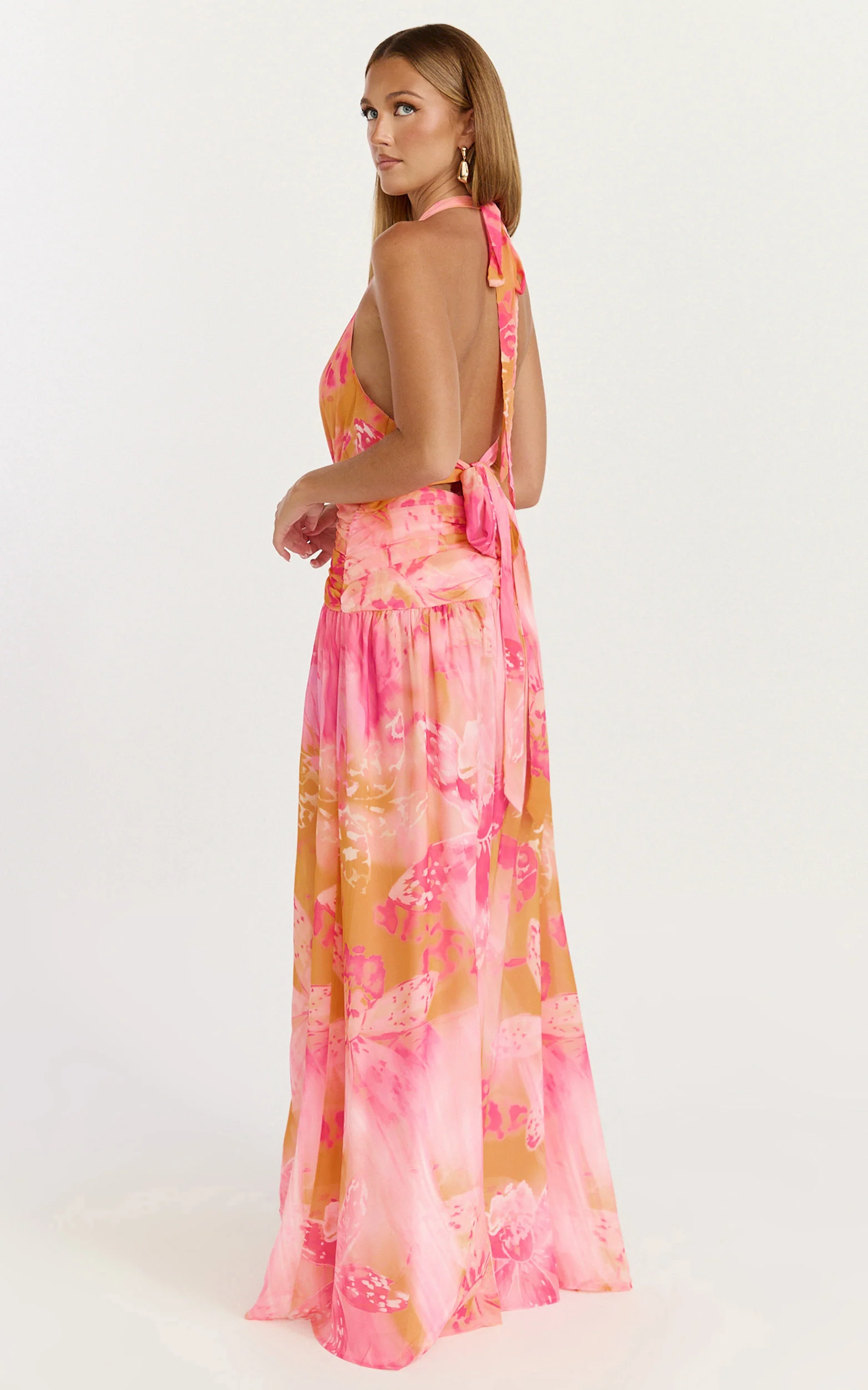Nova Maxi Dress - Plunge Neckline Backless Georgette Dress in Hot House Orchid Print