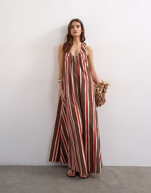 Topshop cotton poplin ruched neck maxi sundress in chocolate and red stripes