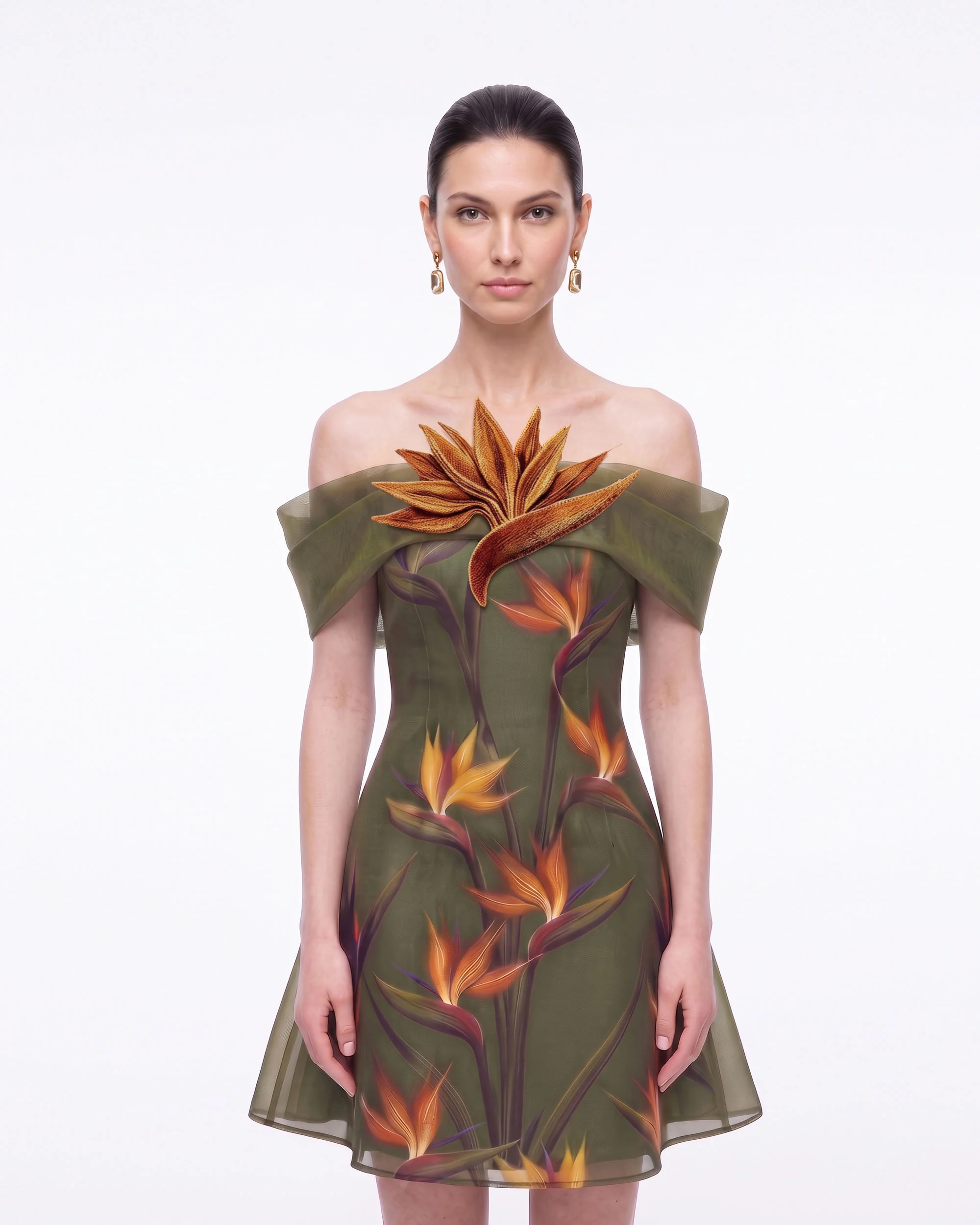 Bird of Paradise Appliqué Off-Shoulder Mini Dress - Olive