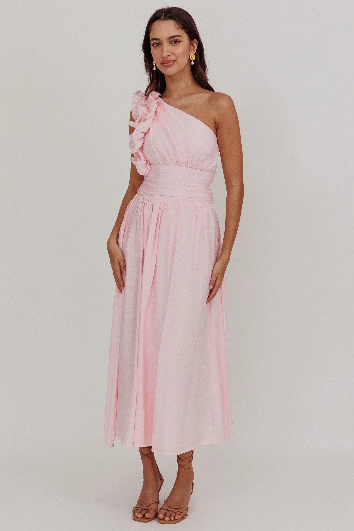 Antheia One-Shoulder Maxi Dress Baby Pink - luluinthesky