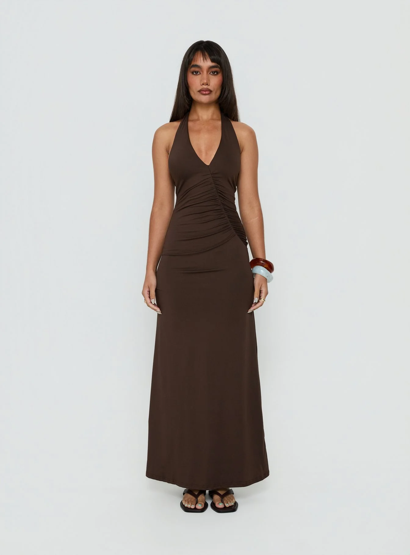 Cadira Ruched Halter Maxi Dress Chocolate