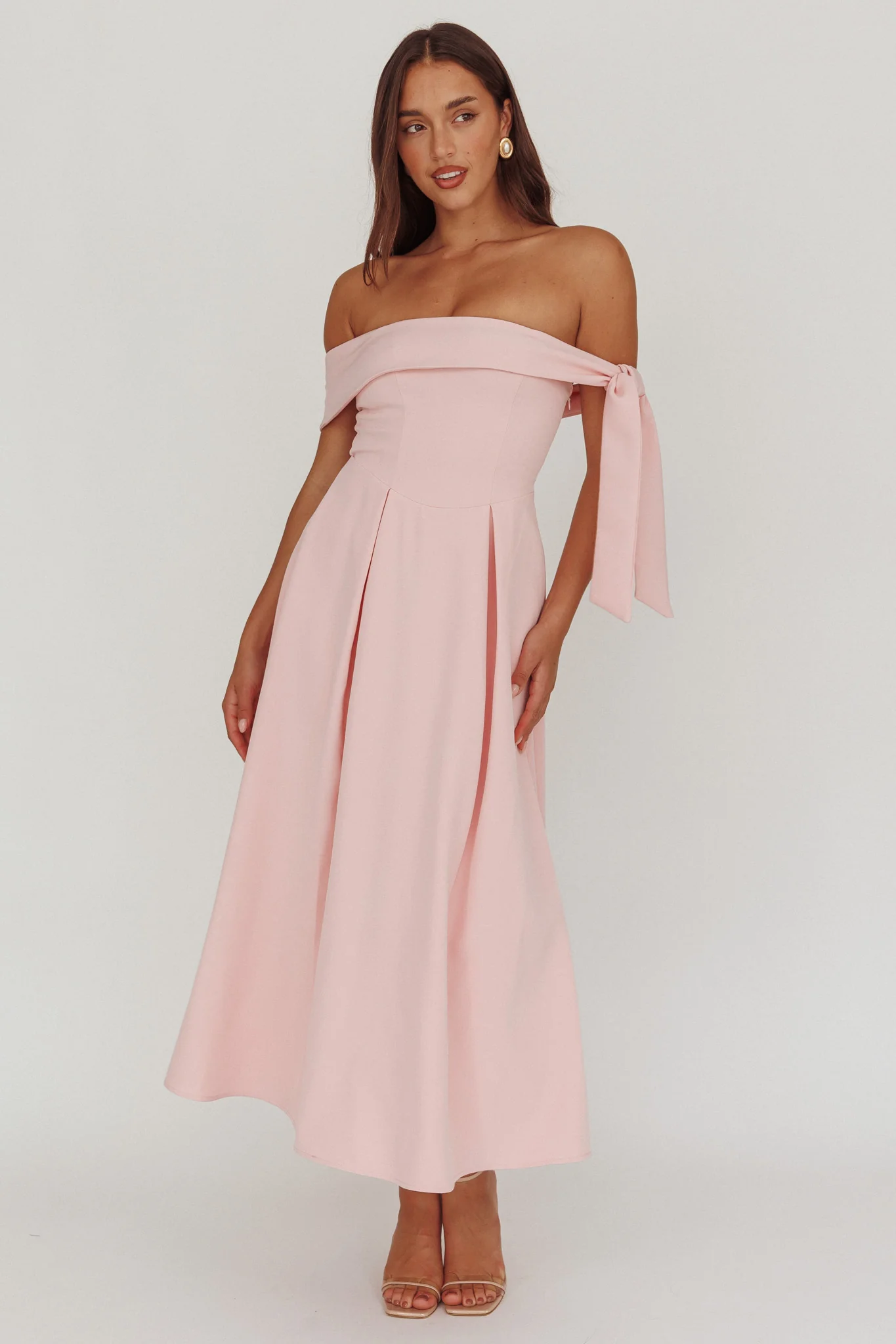 Aurora Sky Off-Shoulder Box Pleat Midi Dress Pink