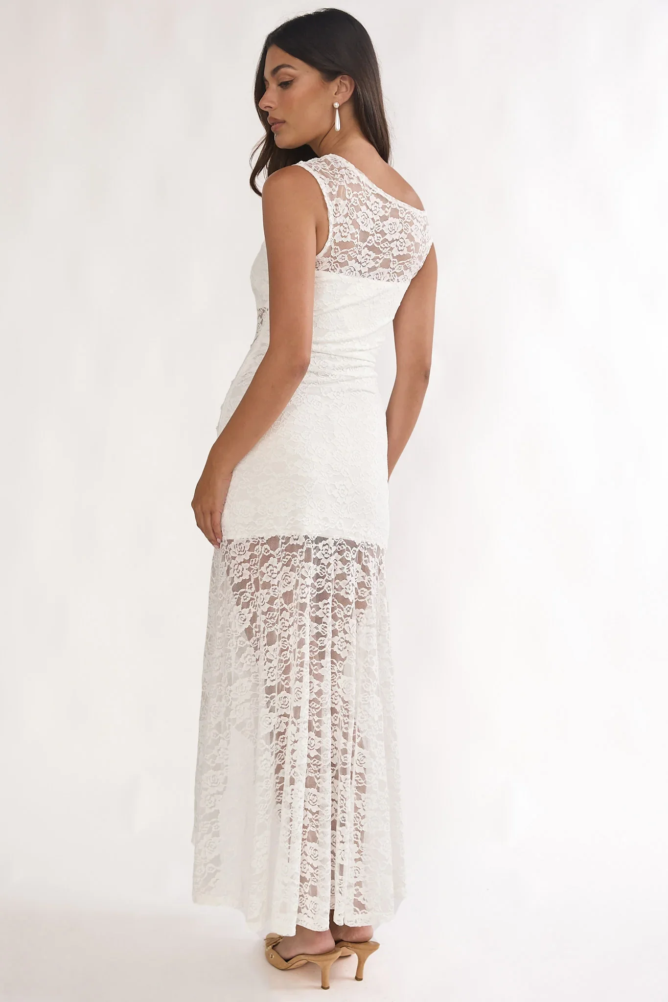 Moonlit Magic Asymmetric Neckline Lace Maxi Dress White